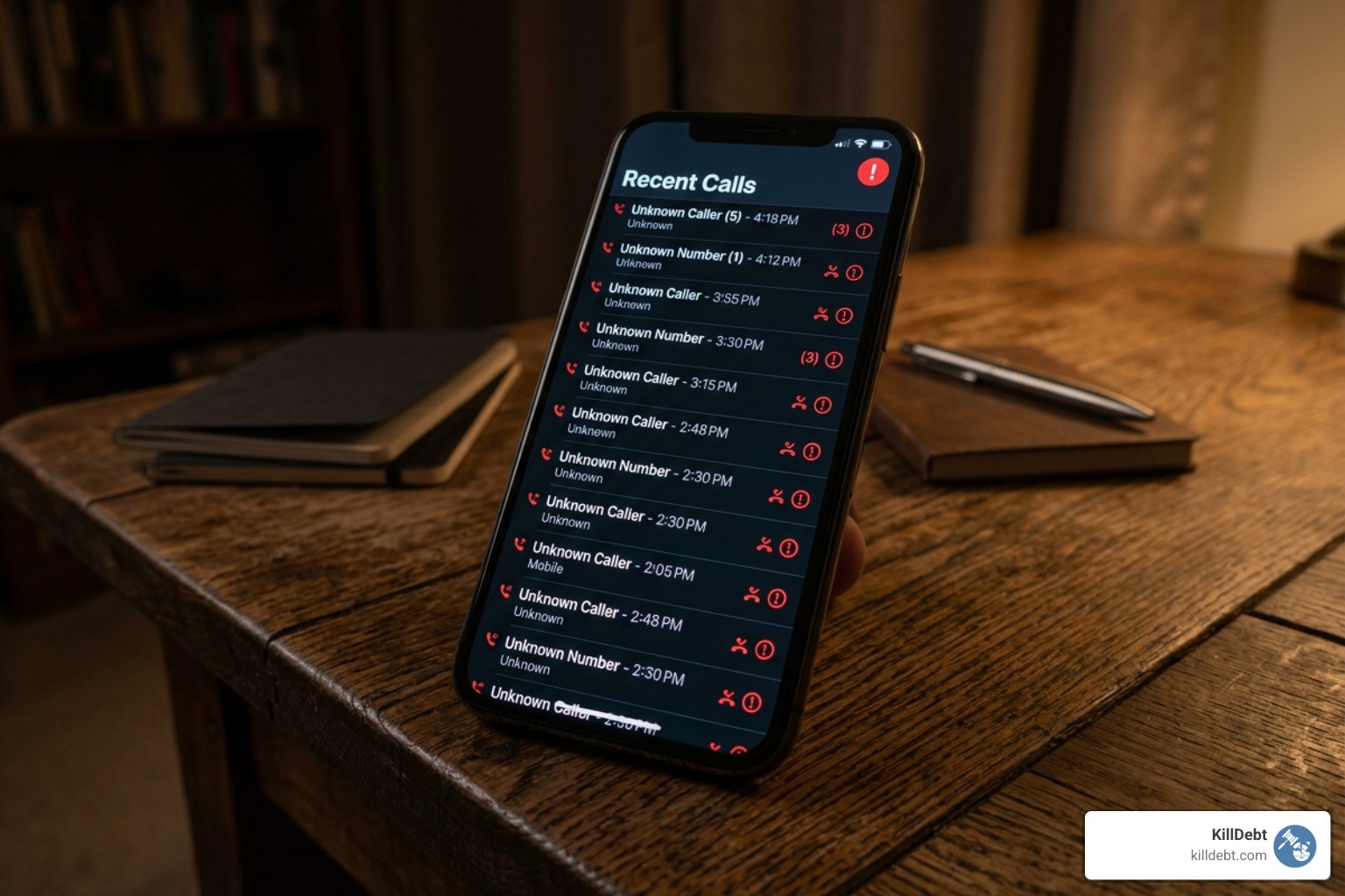 Phone screen with numerous harassing missed calls