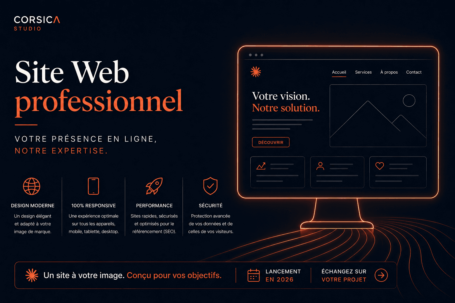 Site web professionnel par Corsica Studio, illustration premium sur création de site moderne, responsive, sécurisé et optimisé SEO pour entreprises et professionnels.