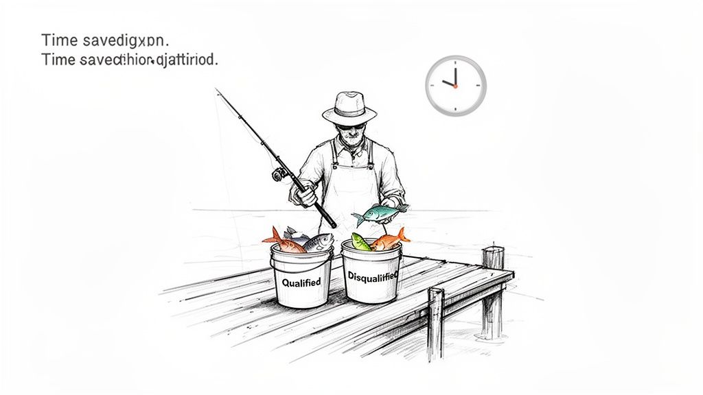 A fisherman sorts fish into 'Qualified' and 'Disqualified' buckets on a dock, illustrating lead qualification.