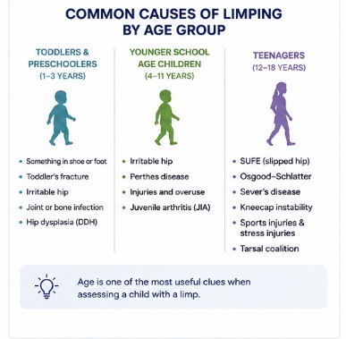 Graphic showing common causes of limping in children by age group