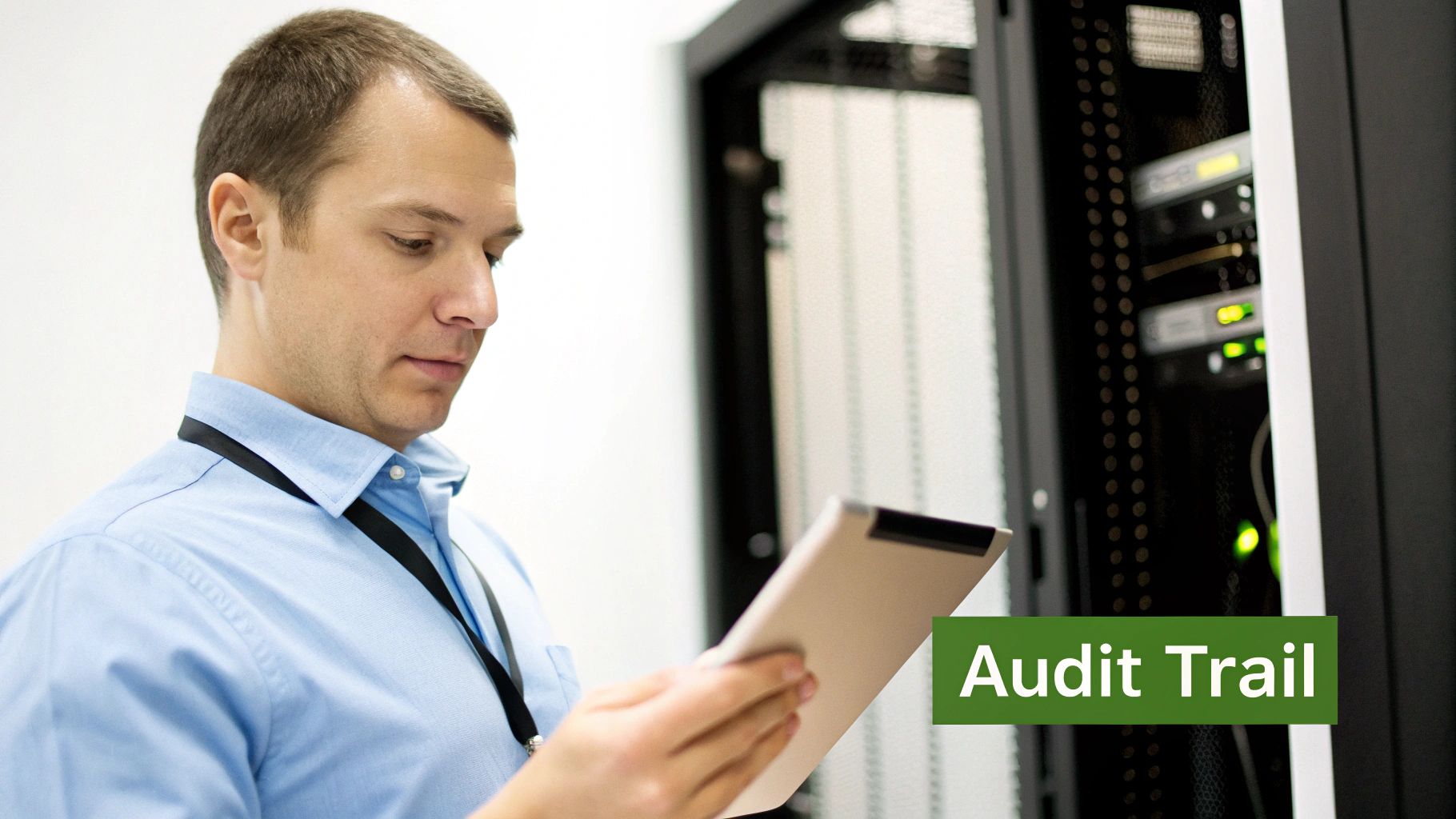 A man in a blue shirt holds a tablet, reviewing an audit trail in a server room.