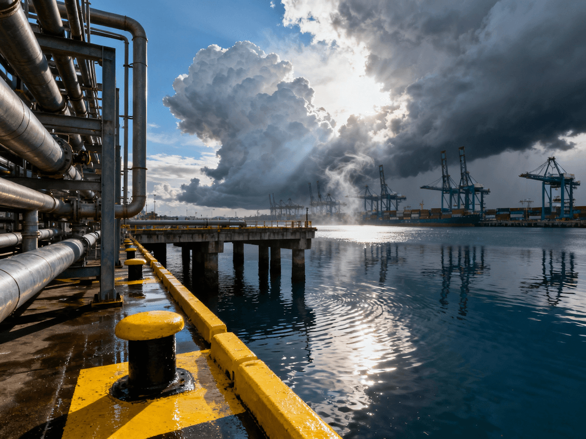 A view of a pier with industrial pipes, reflecting clouds and sunlight on the calm water surface.