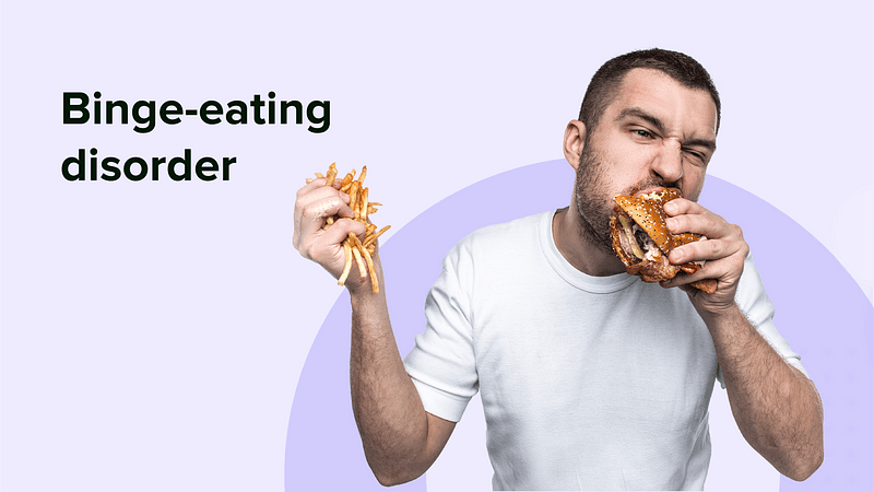 Man overeating fries and a burger, symbolizing binge-eating disorder symptoms and awareness.