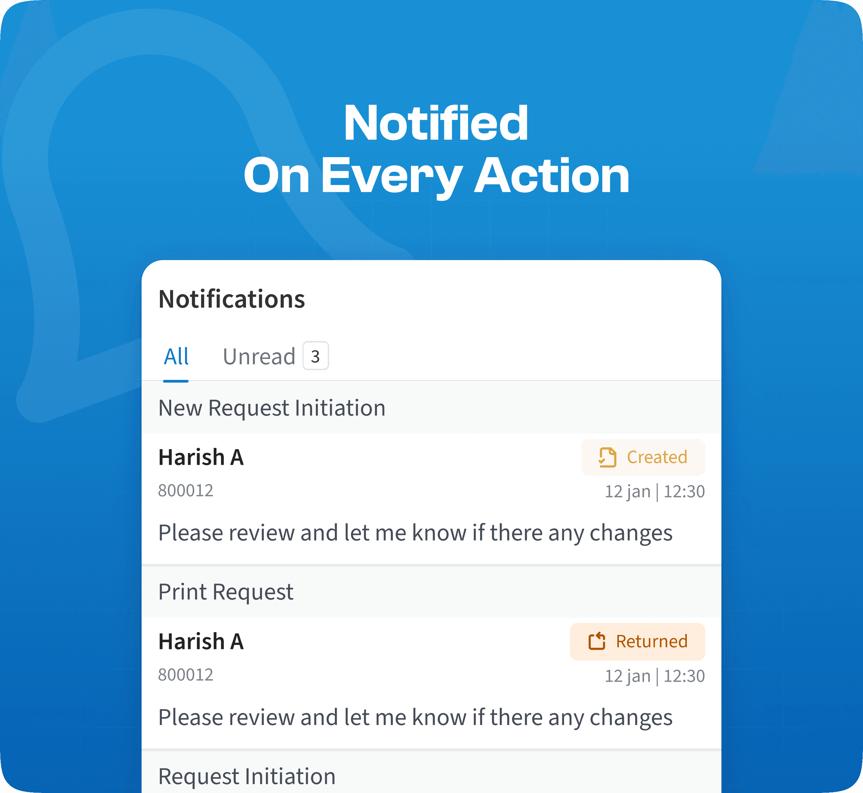 Notification panel showing request updates and status alerts