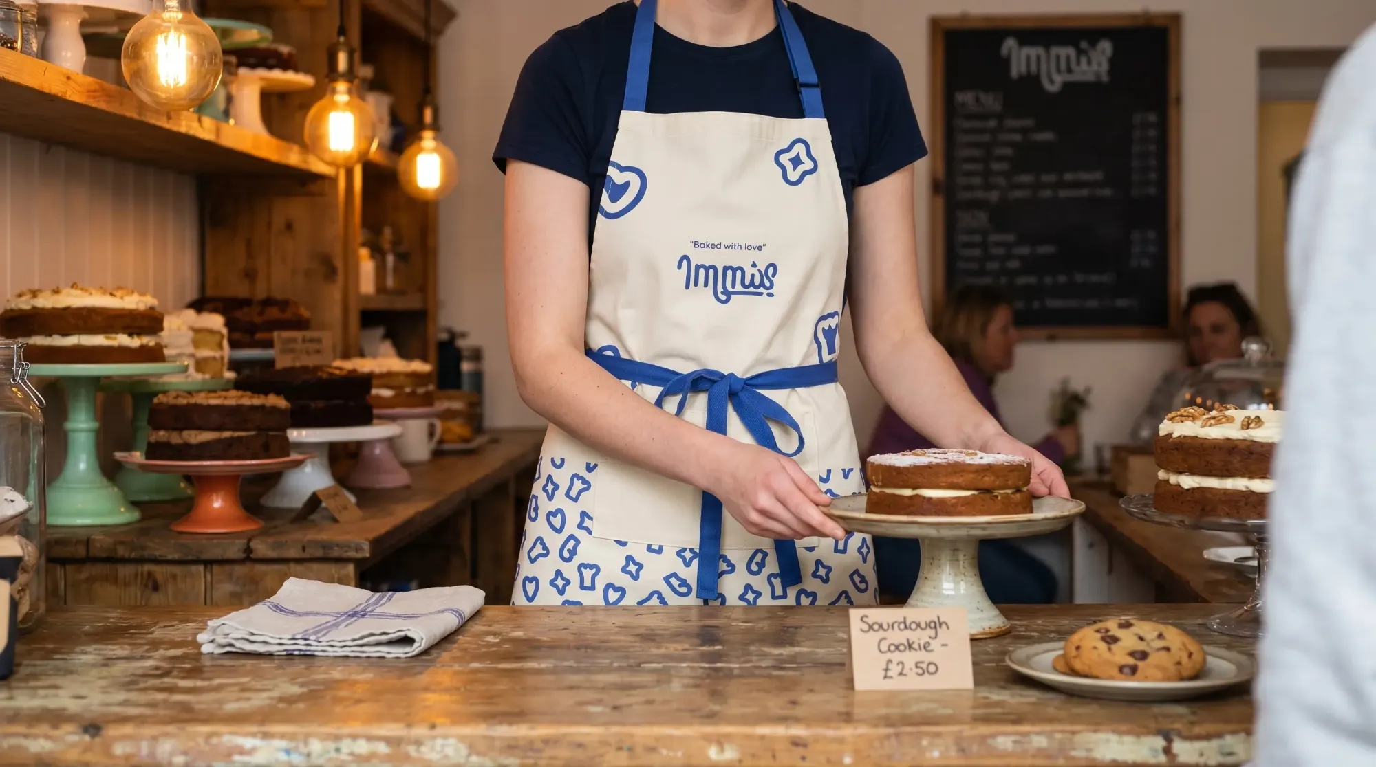 Immis Cakes staff member in a branded apron serving a cake at the counter