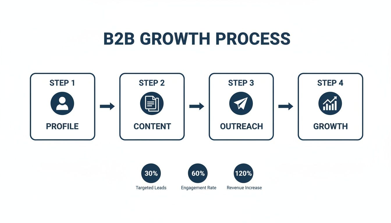 B2B growth process diagram detailing profile, content, outreach, and growth steps with key metrics.
