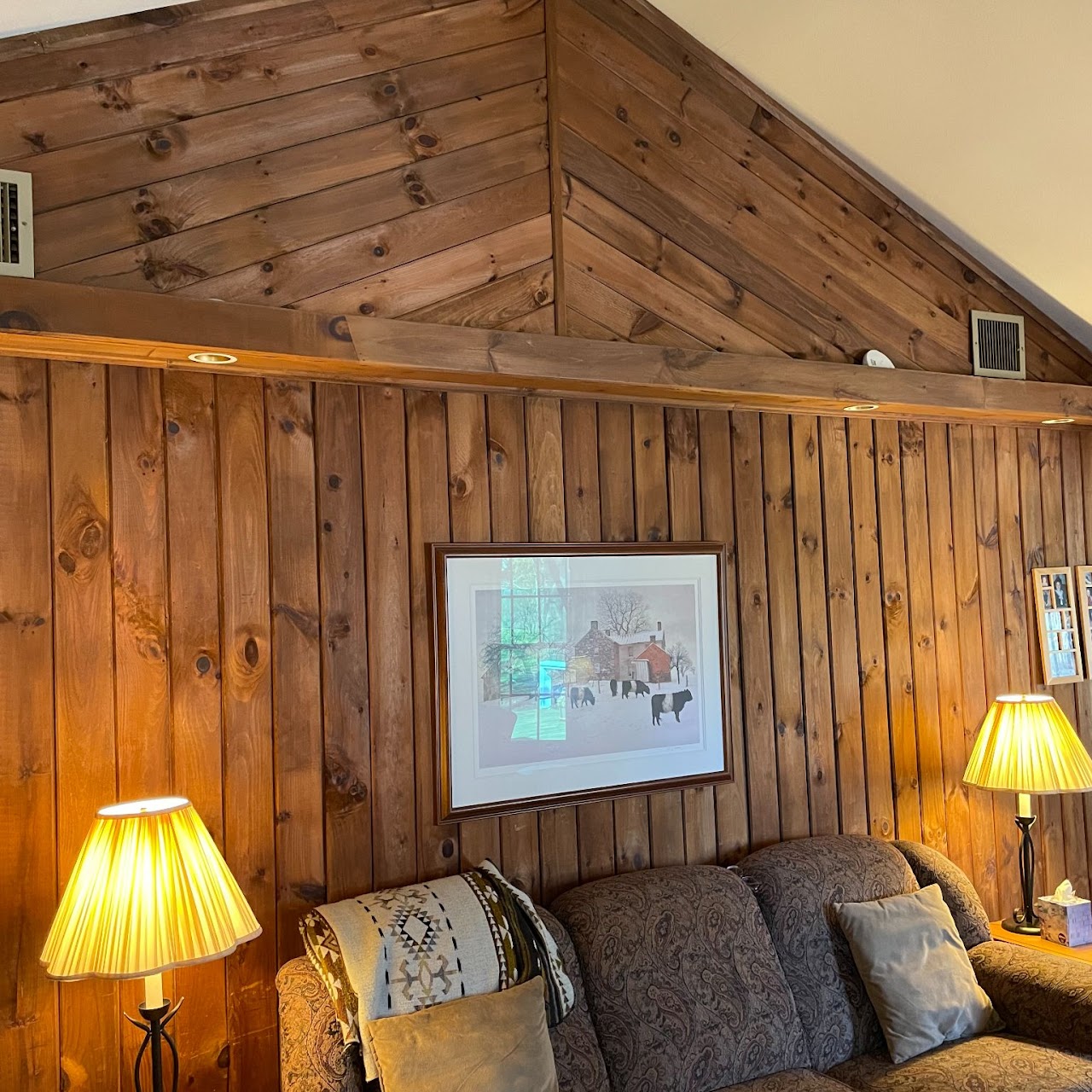 Knotty pine paneled vaulted living room before renovation