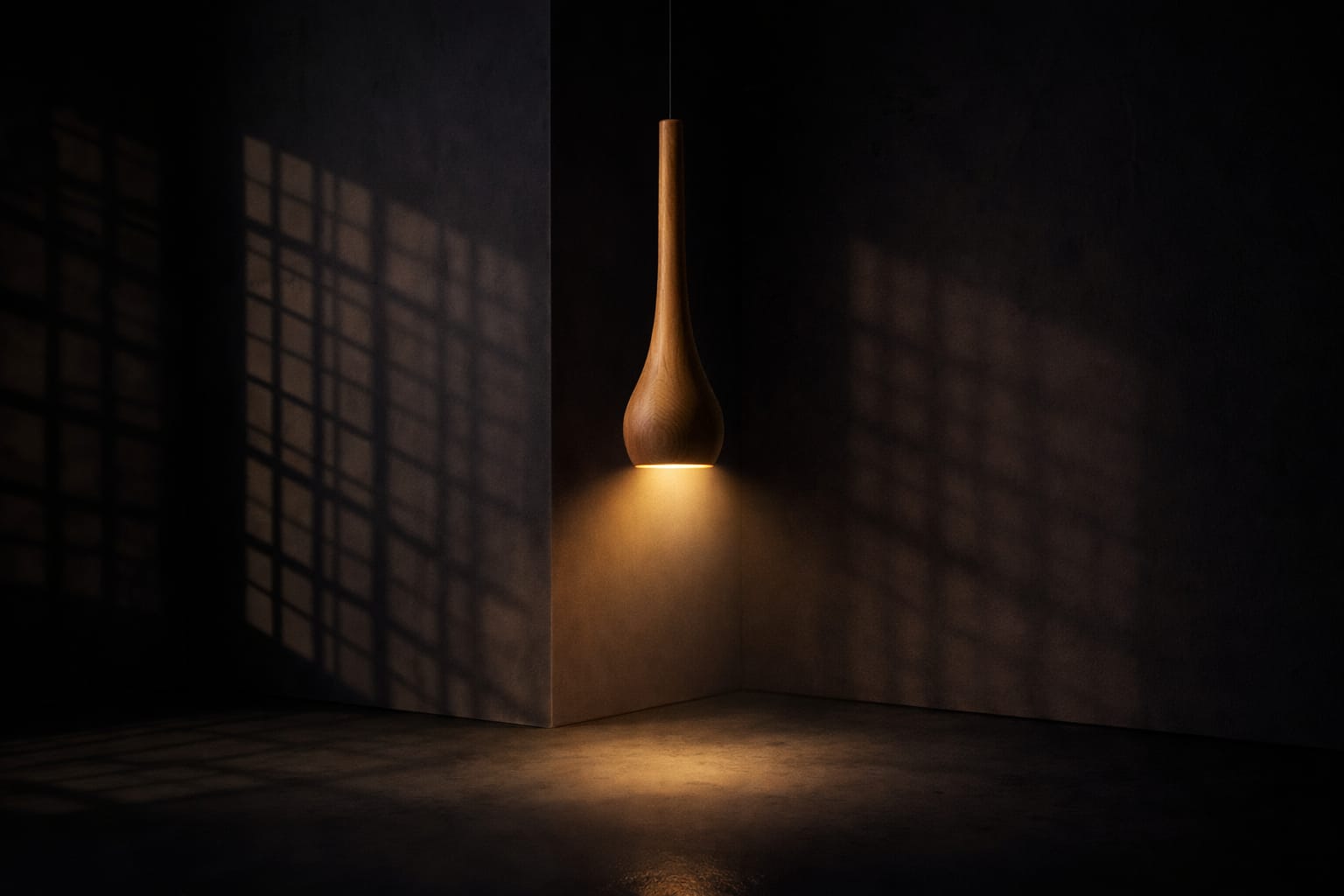 Solid-wood pendant lamp casting warm light across a dark architectural interior.