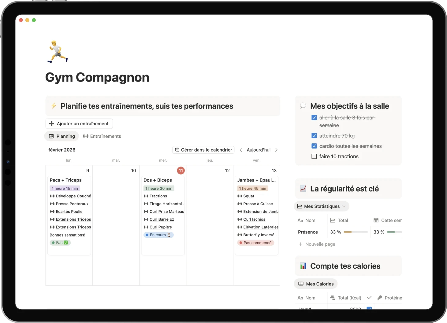 Ipad displaying the Workouts template: build your split, plan your workouts, track your performances, monitor calories and progress.