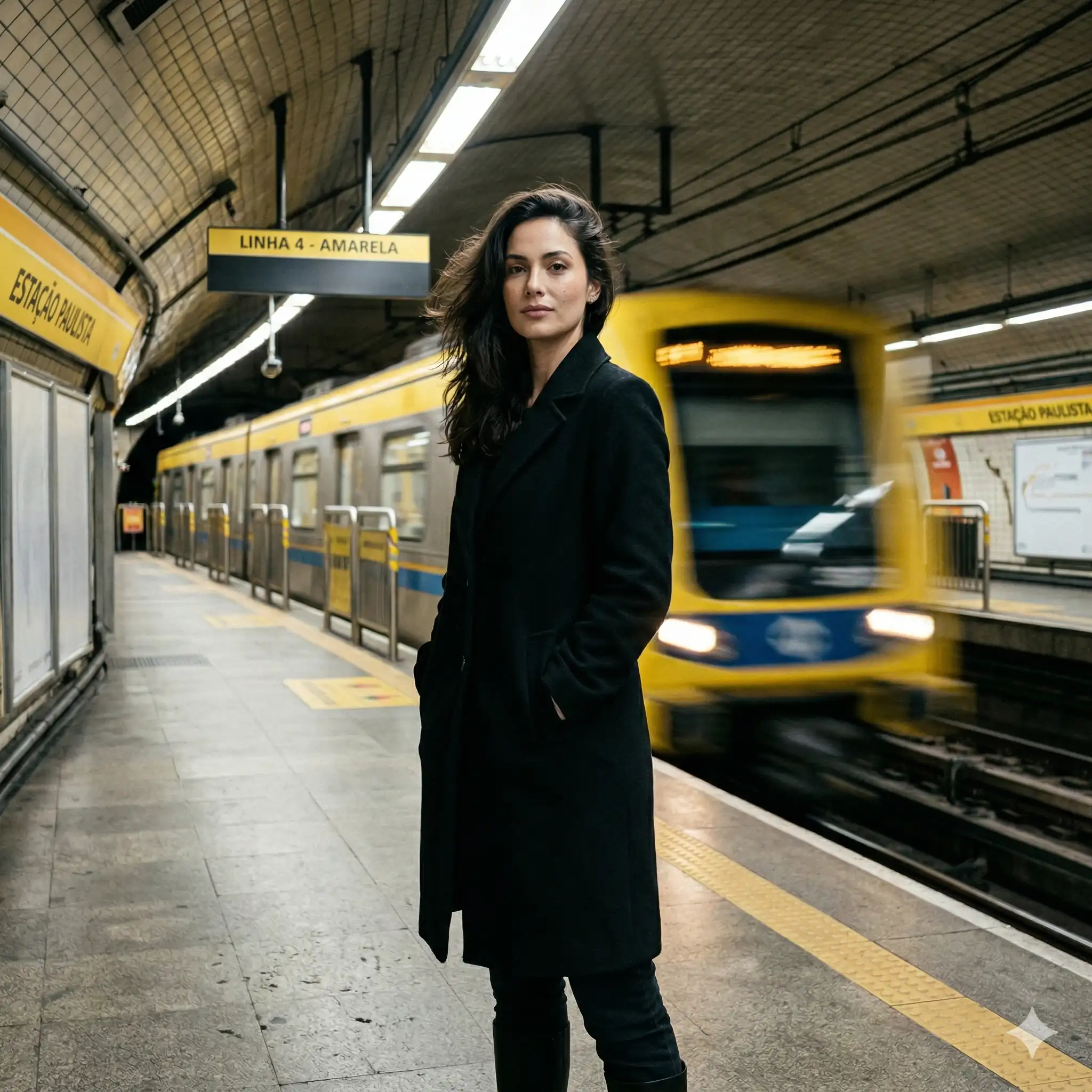 AI-generated portrait of a woman in a black coat standing on a subway platform while a blurred yellow train moves in the background. Created for the AI photography portfolio of Mahendra R.