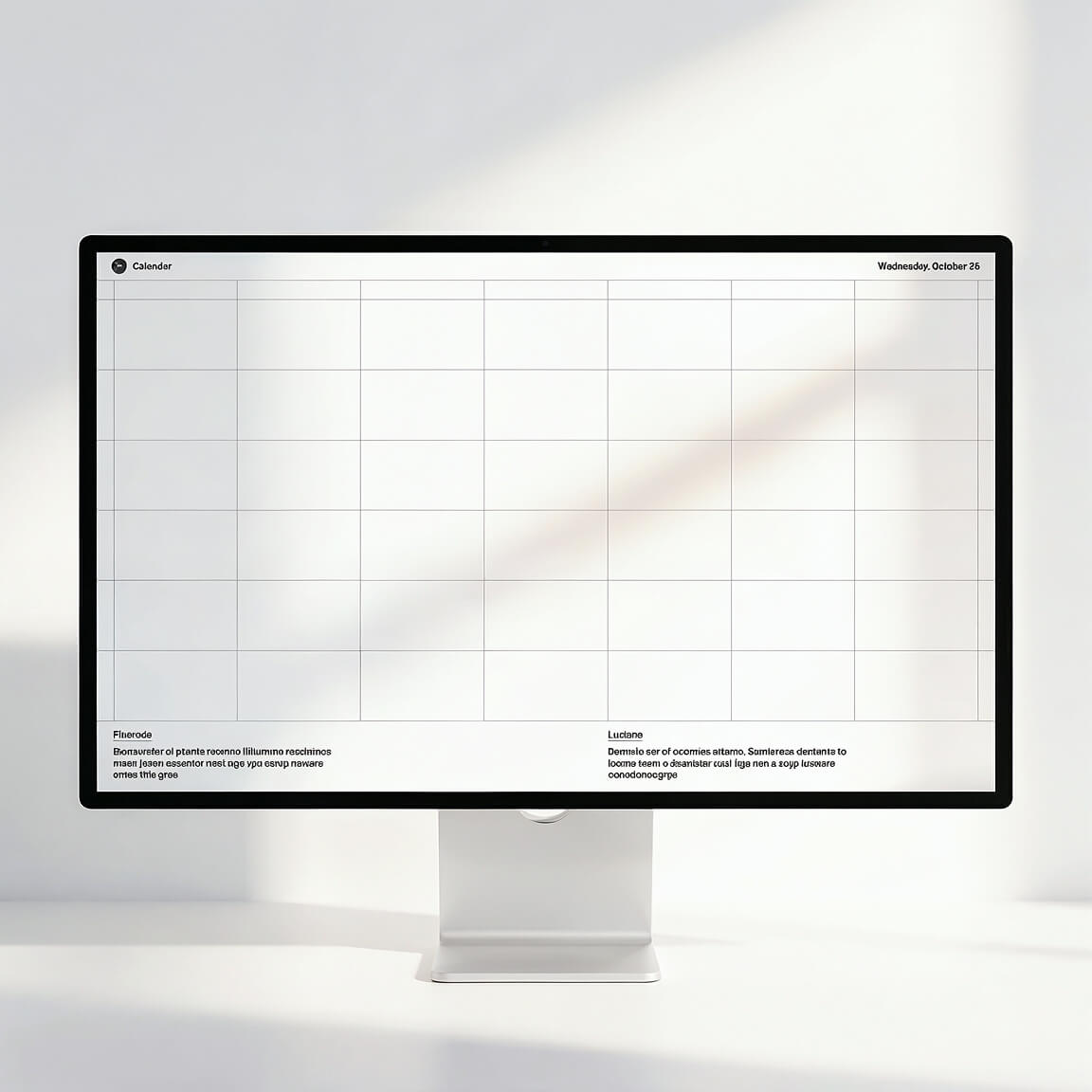 Wide desktop monitor mockup displaying a structured grid layout, set against a clean minimal background.