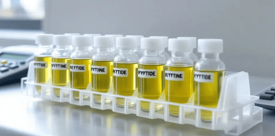 The image depicts a laboratory table featuring small peptide vials alongside a peptide dosage calculator. This setup is commonly used for reconstituting peptides, allowing researchers to calculate the desired dose and concentration of peptide solutions for various applications, including peptide therapy and muscle growth.