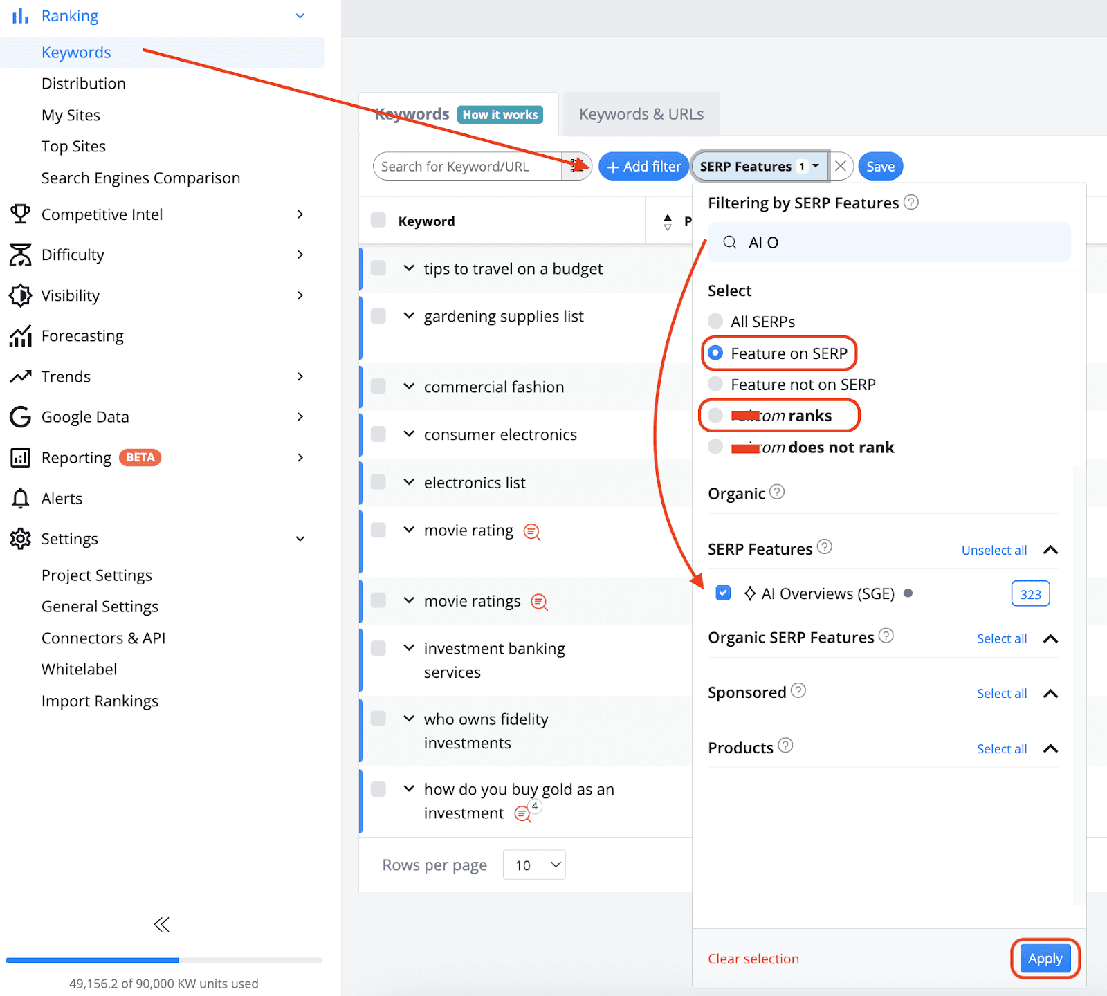 Apply filters to this column to quickly identify keywords triggering AIOs