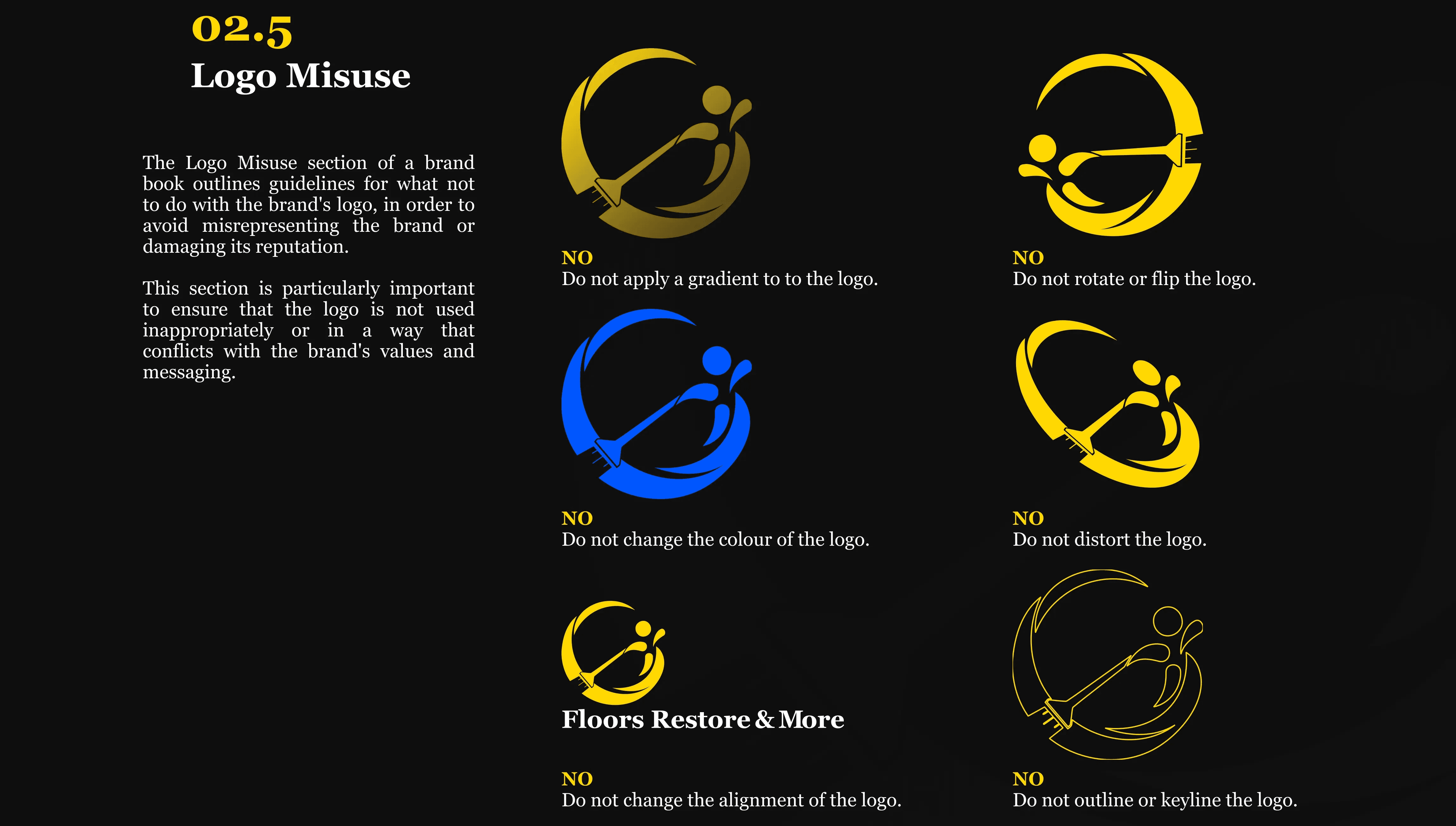 Page from the Floors Restore and More design guidelines book, created by Dylan Coleman, highlighting examples of incorrect logo usage to ensure proper brand representation.