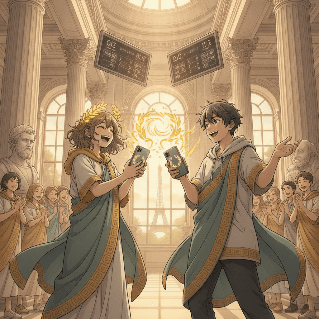 Two students dueling in a French quiz tournament with golden sparks, one laughing victorious