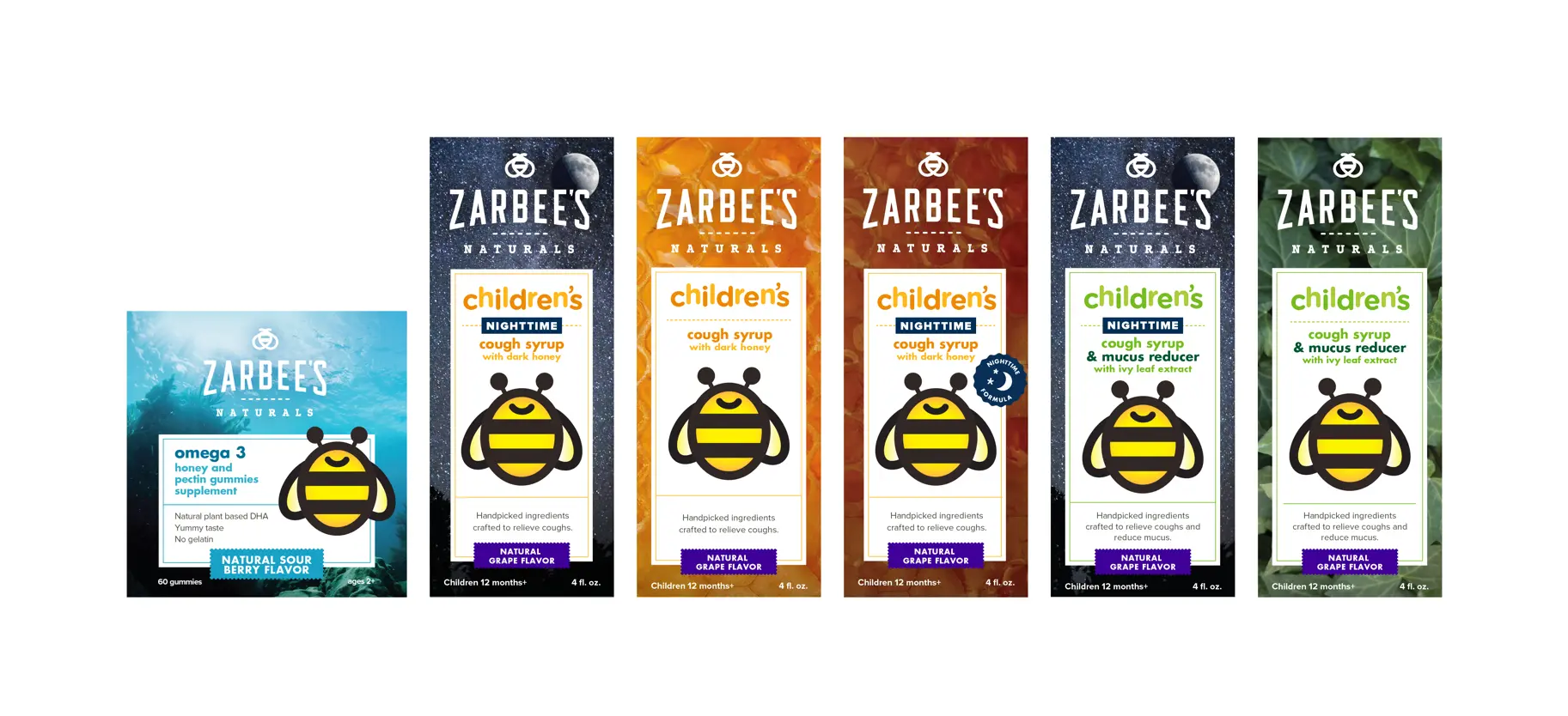 ix Zarbee's Naturals Children's packaging designs showing the system scaling across product types — omega 3 gummies, nighttime cough syrup, daytime cough syrup, nighttime with moon badge variant, nighttime cough syrup and mucus reducer, and daytime cough syrup and mucus reducer, each with color-coded photography backgrounds and the children's Buzzy character.