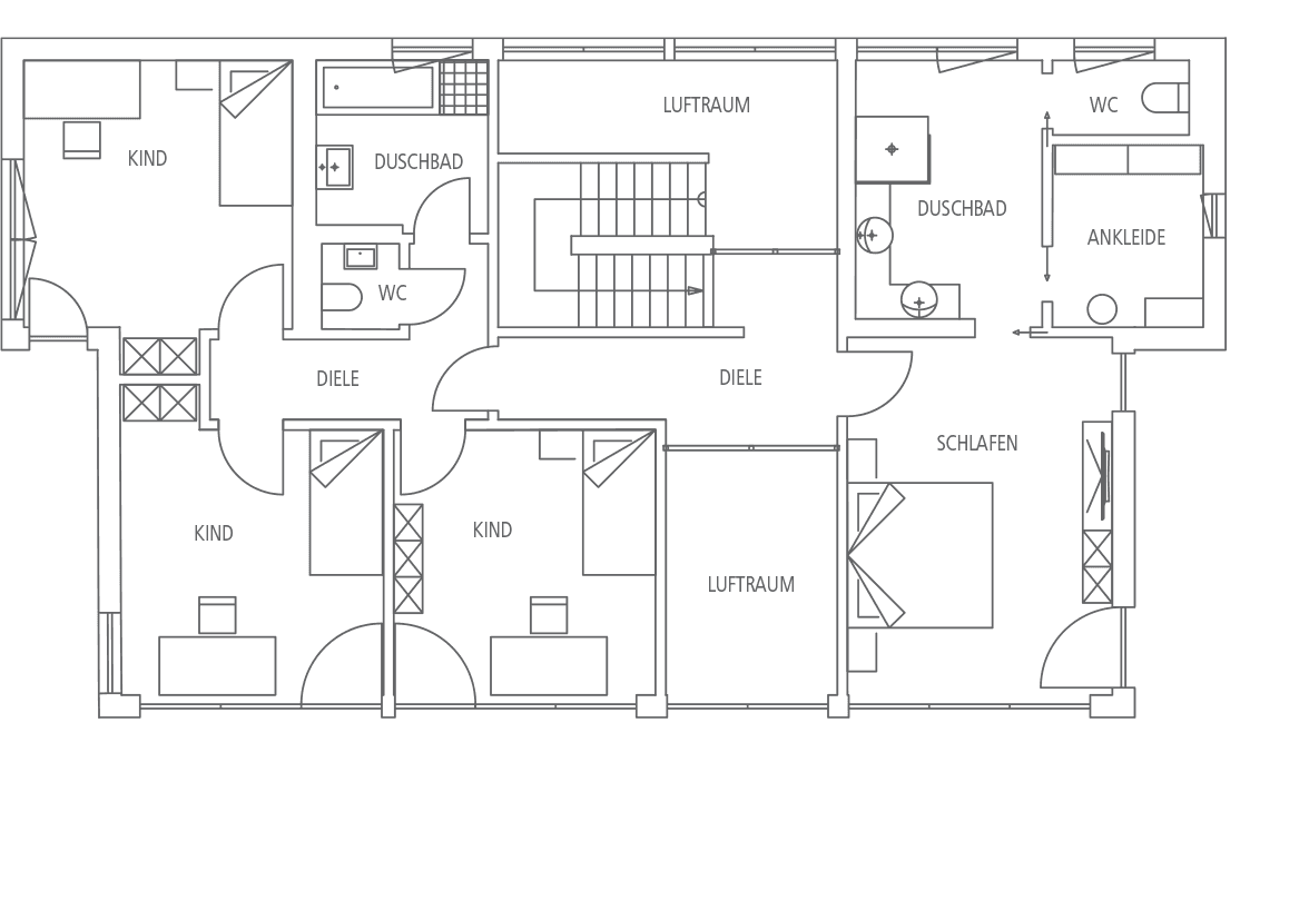 Grundriss eines modernen Wohnraums mit mehreren Kinderzimmern, einem Schlafzimmer, zwei Bädern, einem WC und zwei Lufträumen.