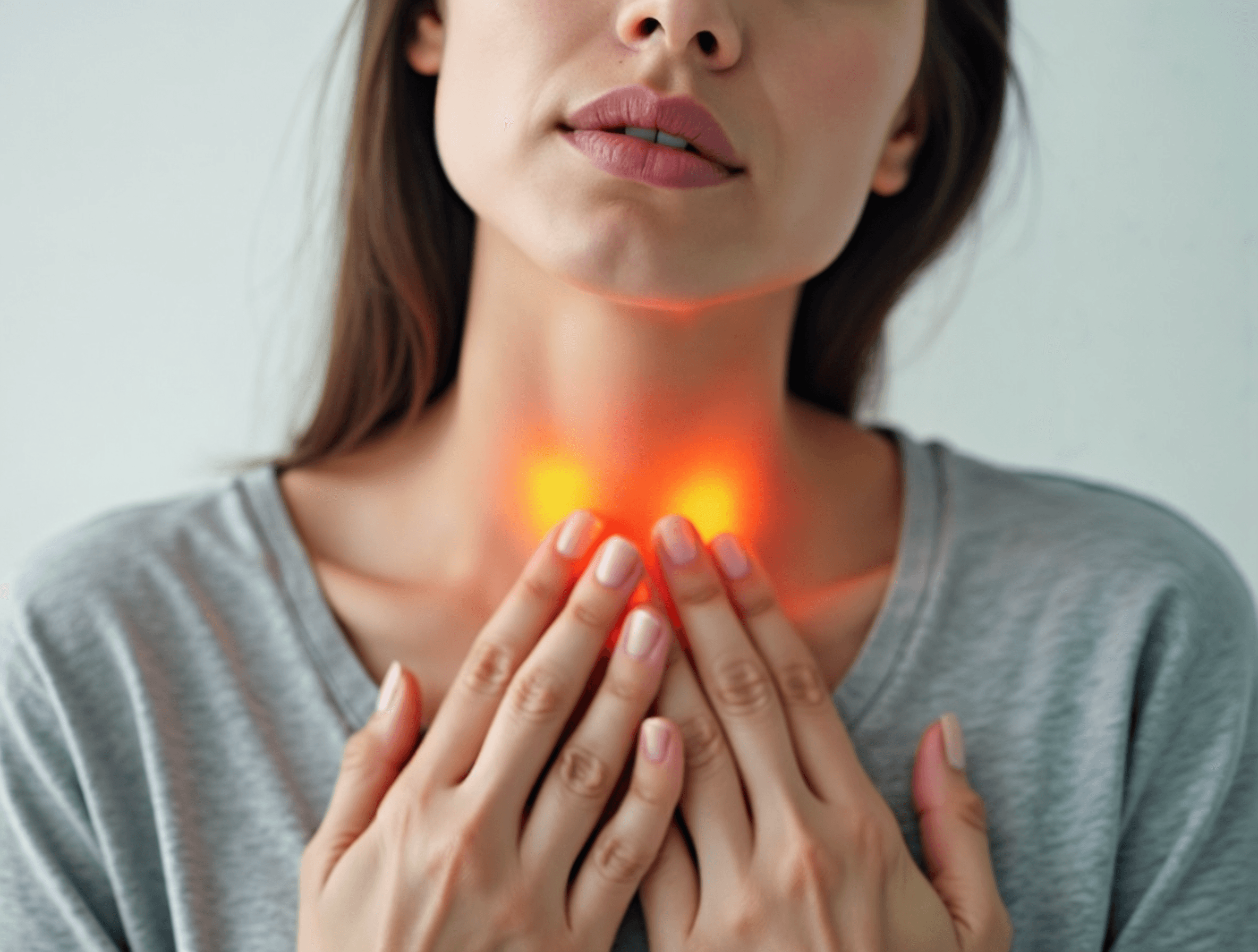 A woman experiencing discomfort in her thyroid