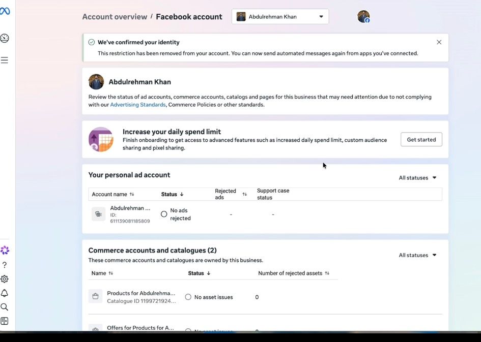 Facebook account page with the green banner We've confirmed your identity: the restriction has been removed and automated messages can be sent again.