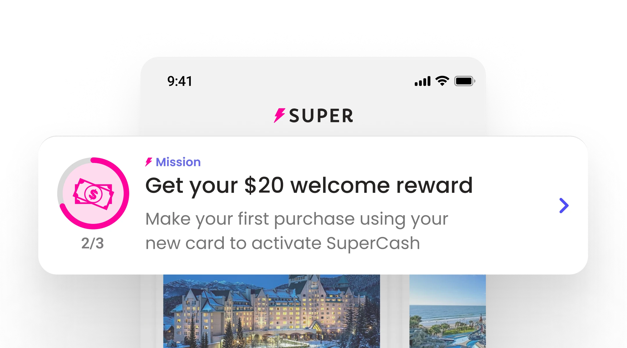 SuperCash app screen displaying the Completed Missions section. Two missions are shown: ‘20% cash back’ and ‘$20 hotel discount,’ each with a pink checkmark icon and a purple ‘Redeem’ button on a light pink background.