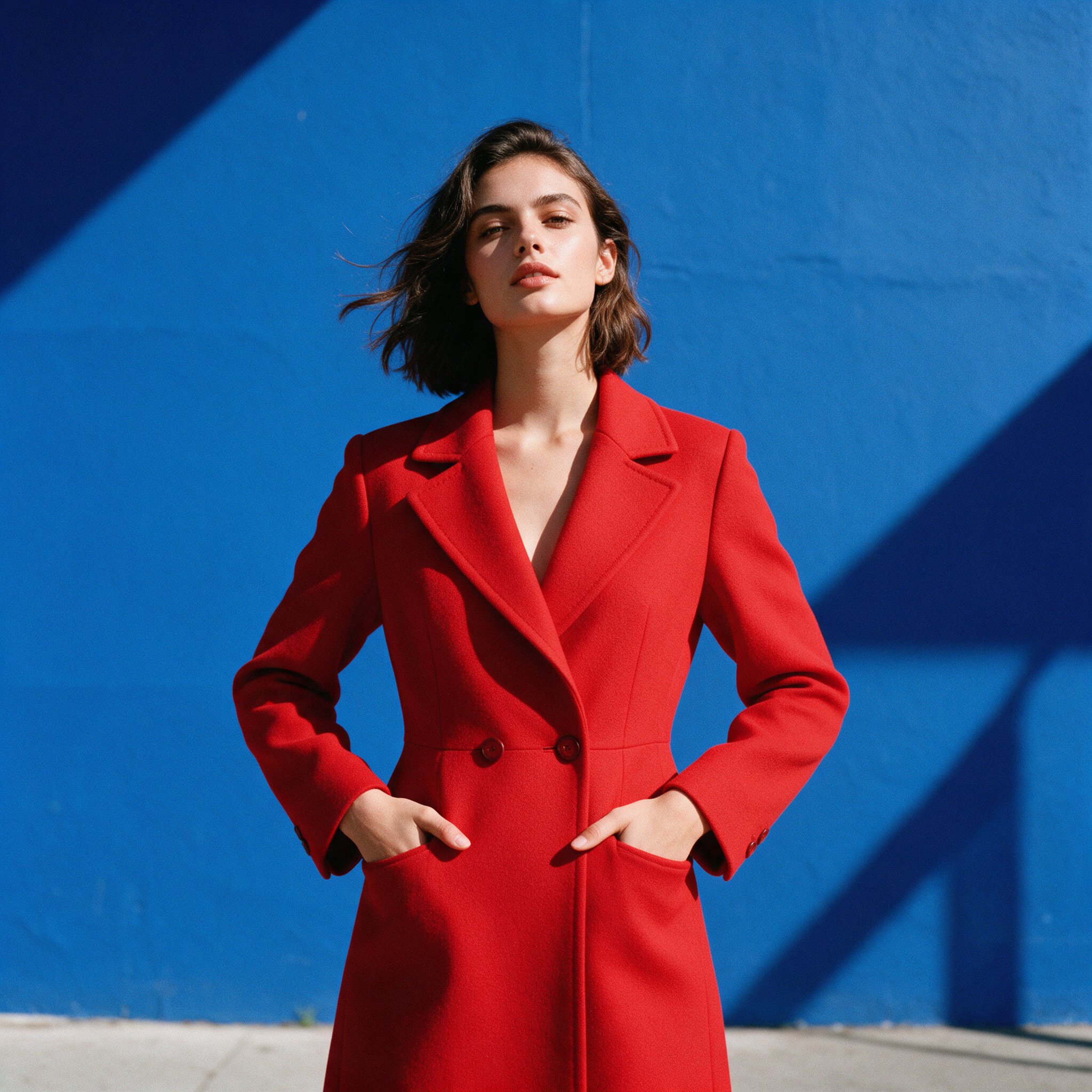 Woman in a red coat against a blue wall