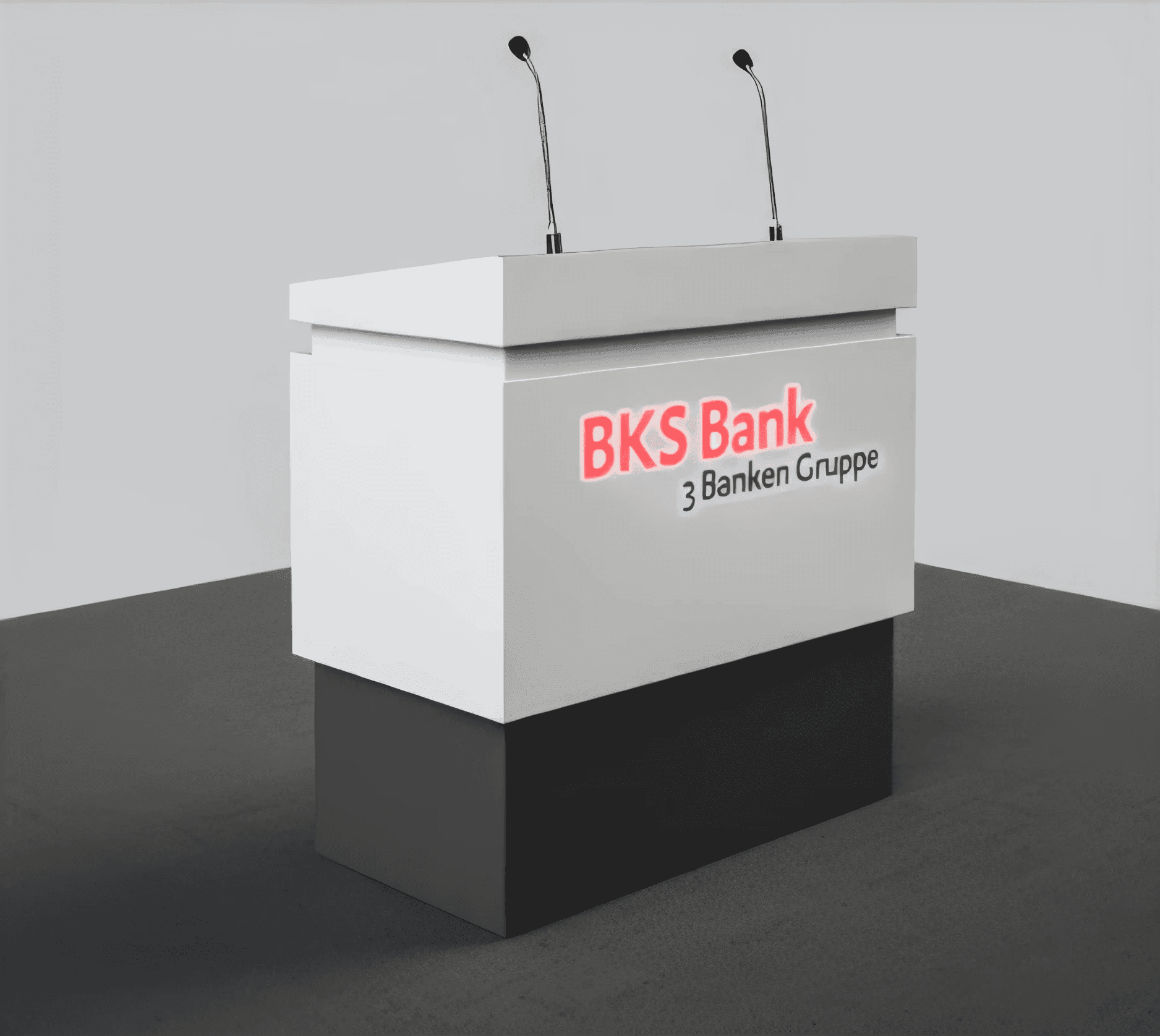 MW Interior - Weißes Rednerpult mit beleuchtetem BKS Bank Logo und zwei Mikrofonen als Sonderanfertigung" Beschreibung: Maßgefertigtes Rednerpult in Weiß mit hinterleuchteter BKS Bank-Logofront und zwei Konferenzmikrofonen – eine präzise Sonderanfertigung für repräsentative Veranstaltungen und Hauptversammlungen.