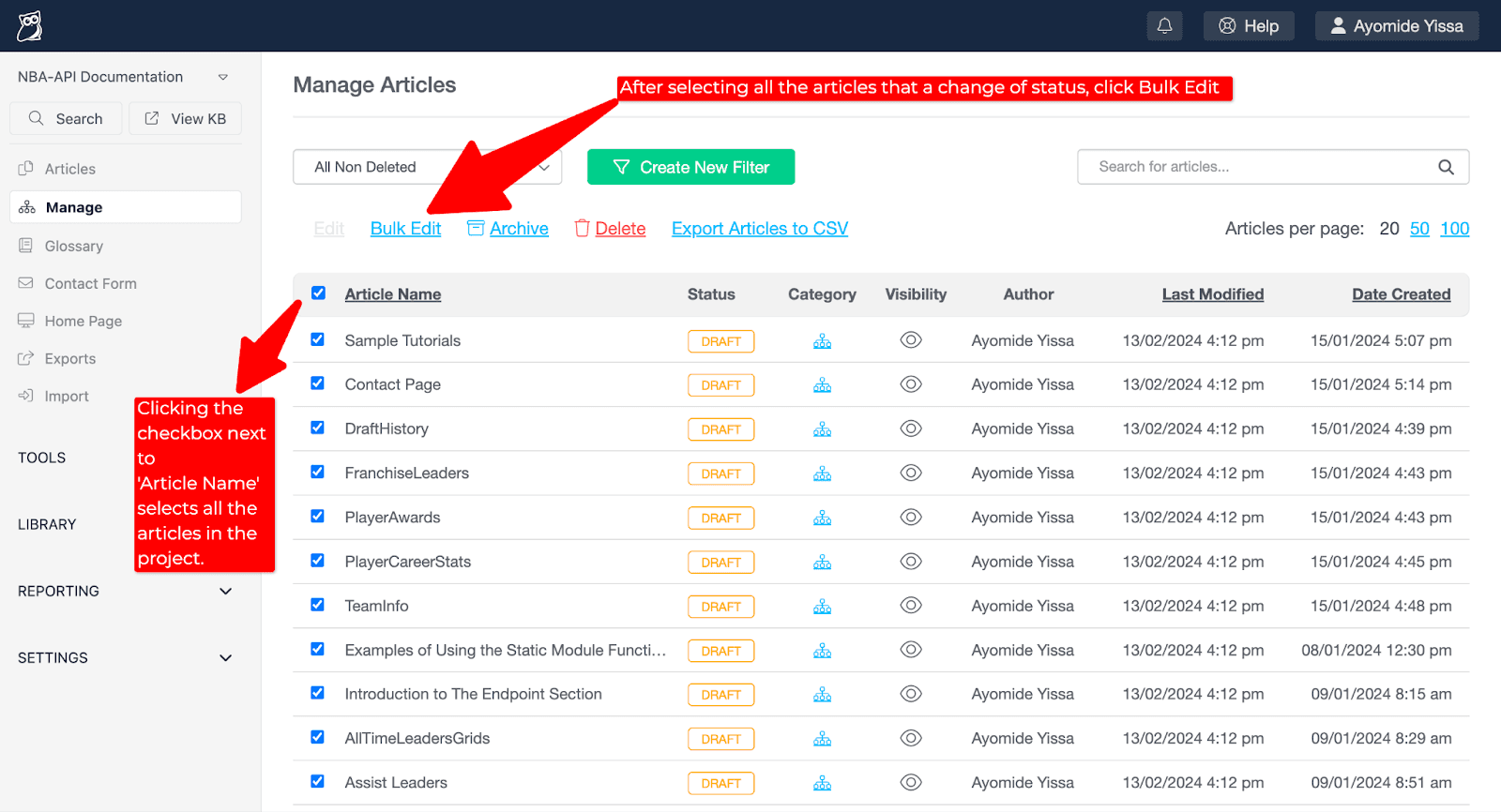 Screenshot 2 of 4 that shows aspects of KnowledgeOwl’s “Manage Articles” page.