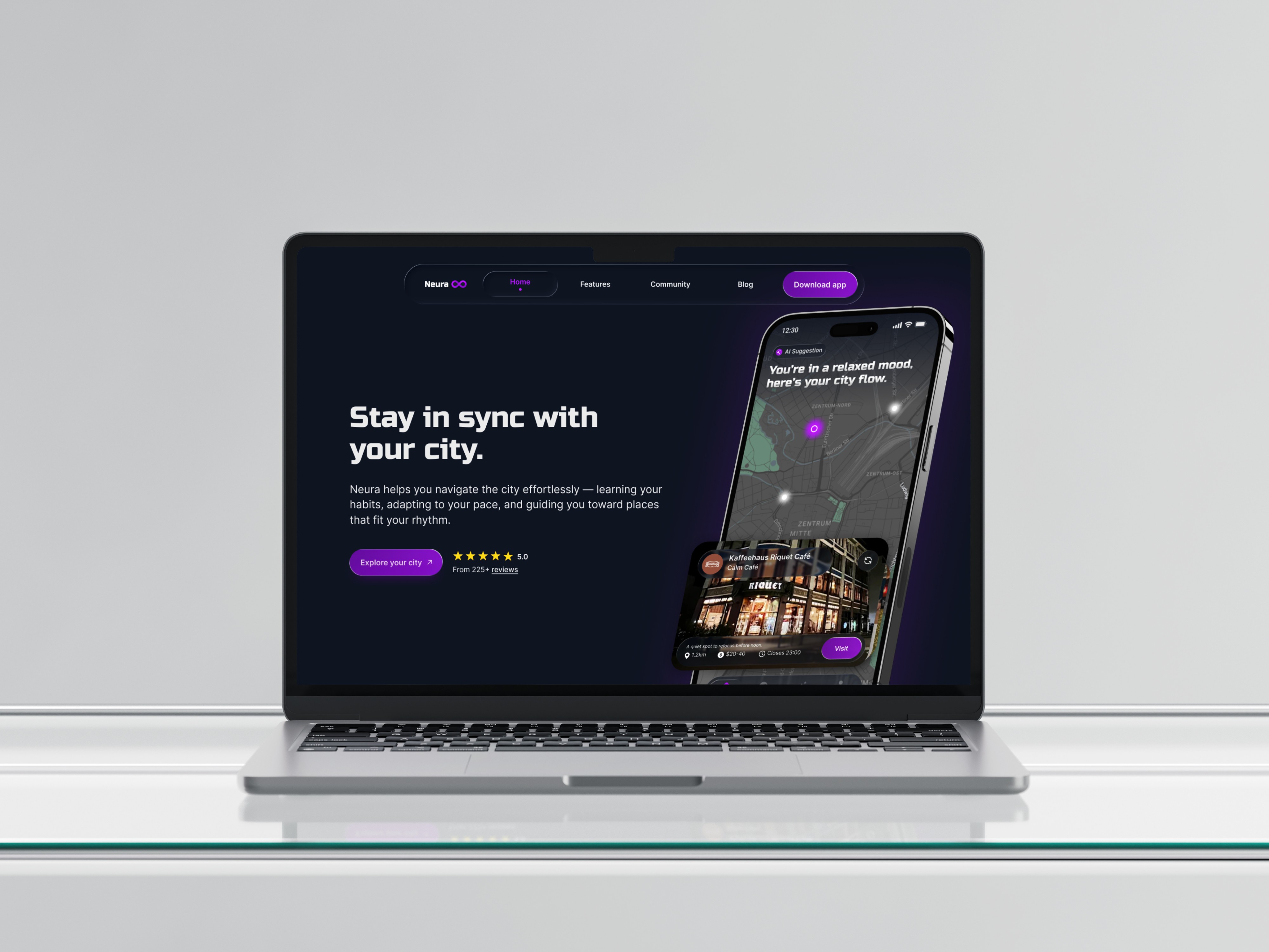 landing page mockup for neura - ai city companion