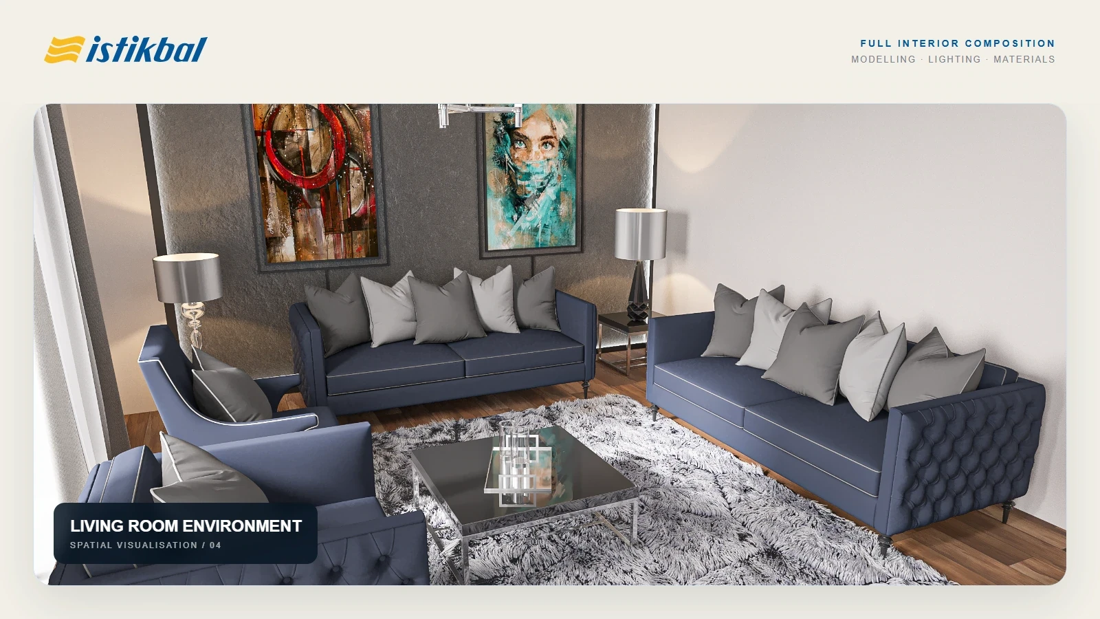 Contemporary living-room interior visualisation with blue upholstered sofas and coordinated furniture.