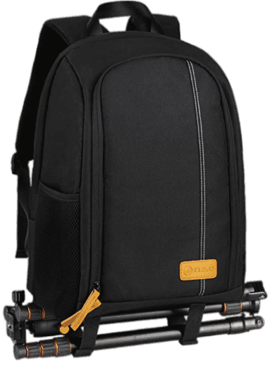 A black backpack with a tripod strapped to the bottom
