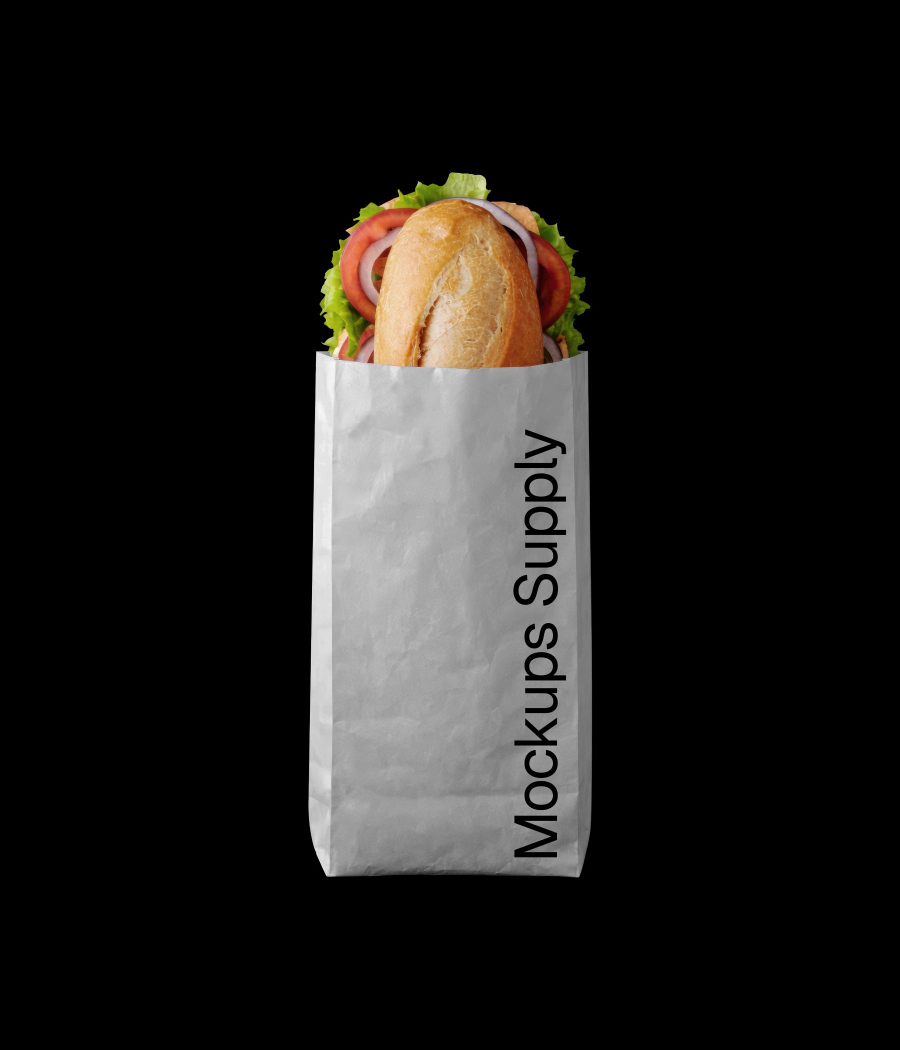 Baguette sandwich in white paper bag mockup on black background for Photoshop download psd