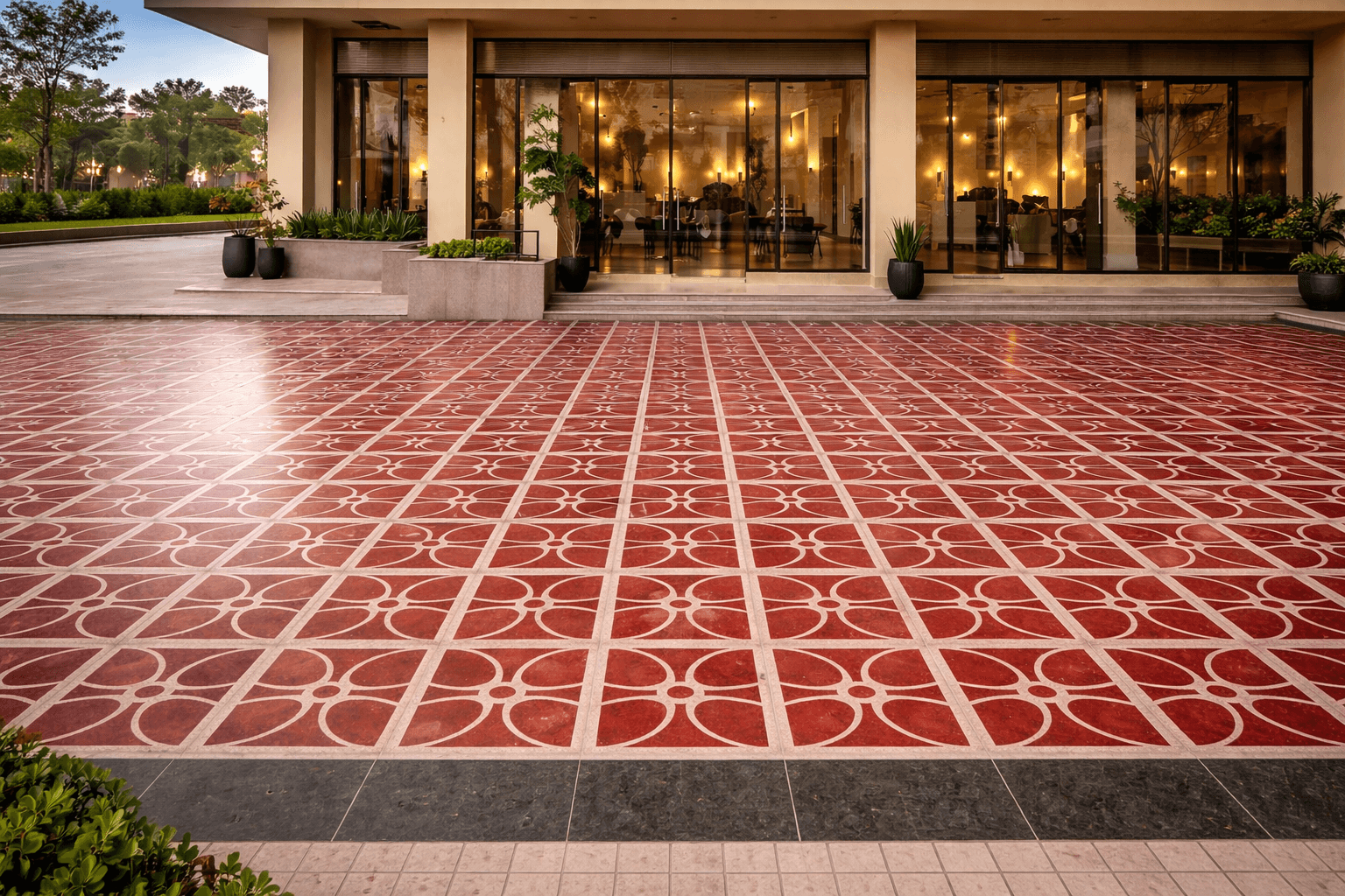 Geometric stone paving integrated with landscape design in modern residential space