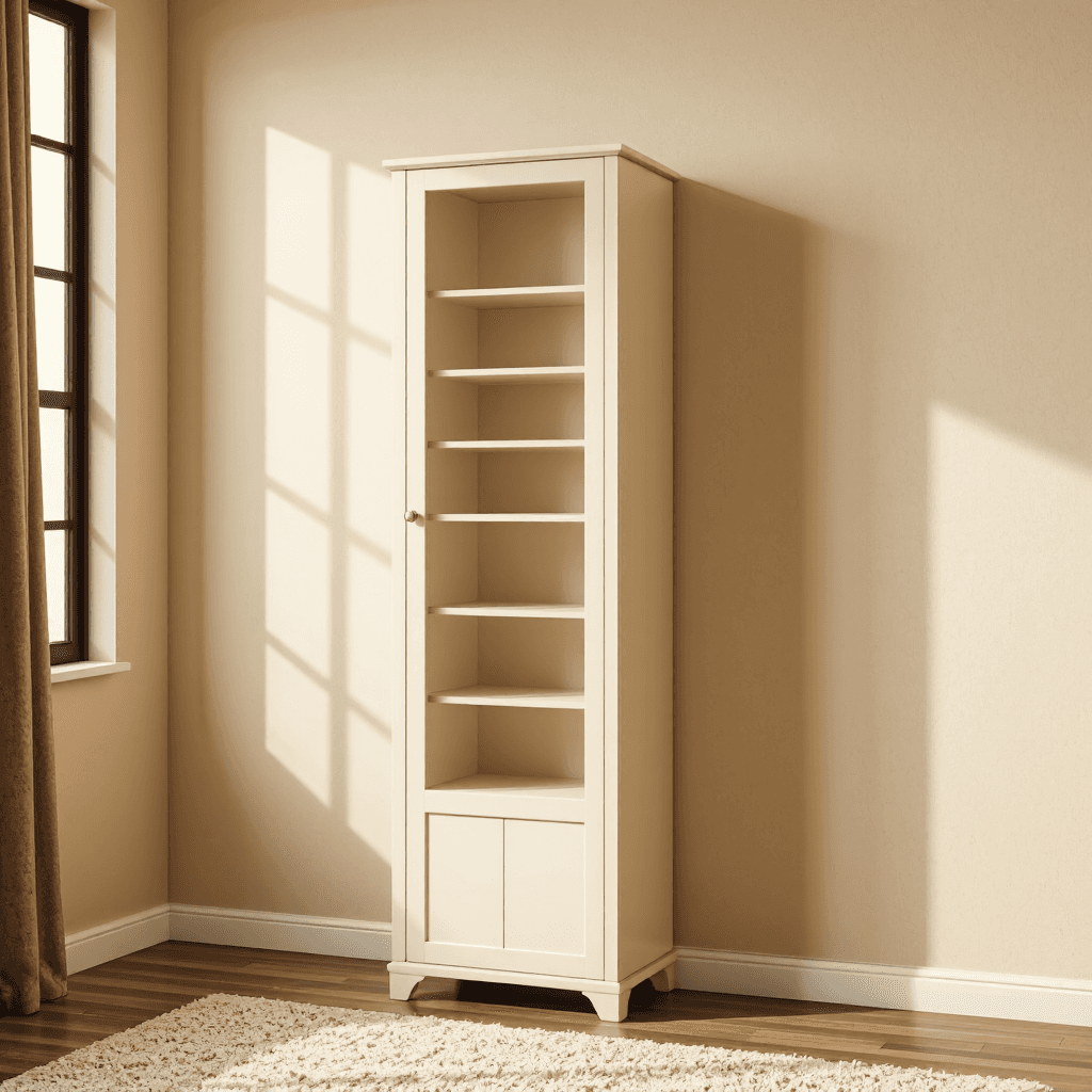 product photography of a tall bookshelf with glass doors, used for storing books and decorative items