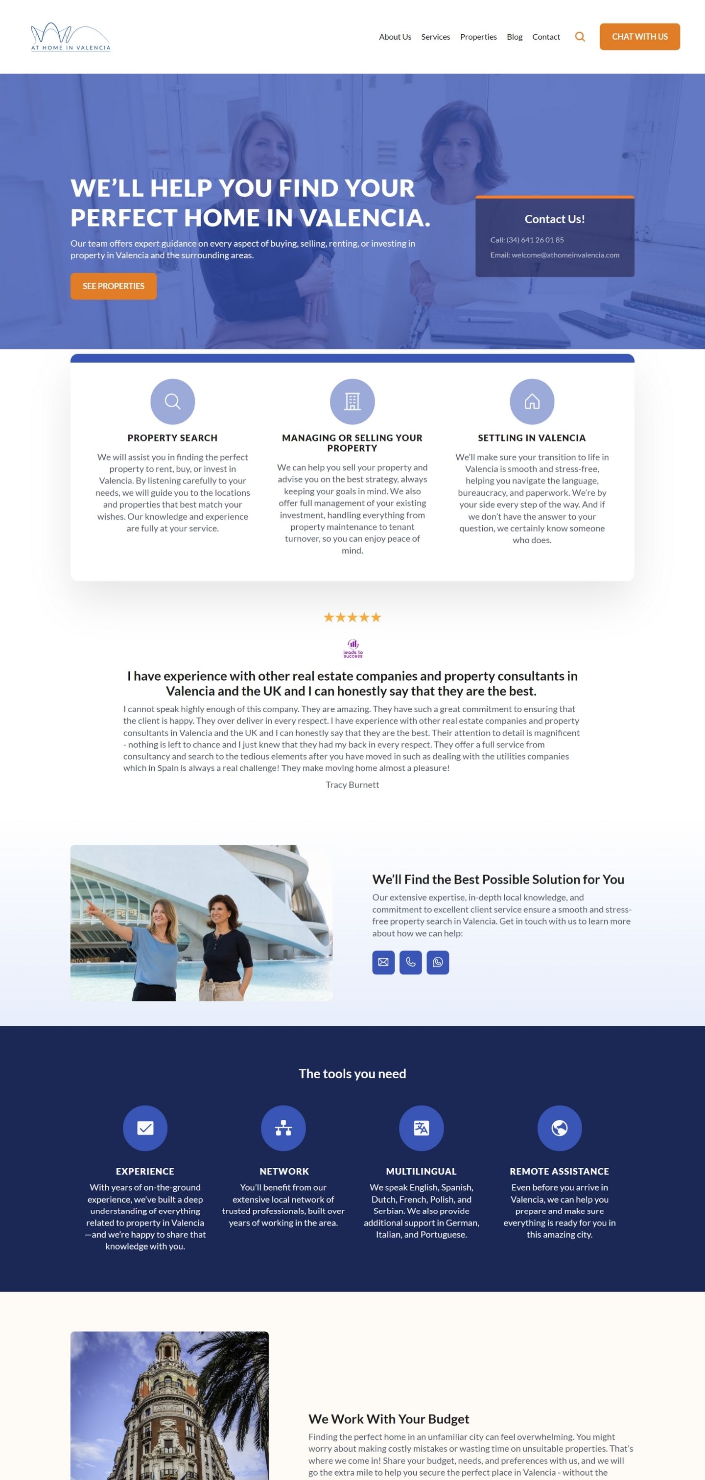 Homepage design for At Home in Valencia, real estate company, created in Framer