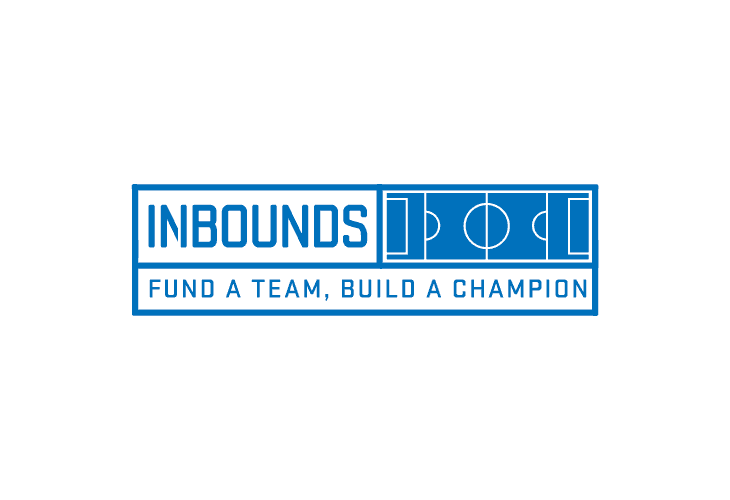 A webpage titled "IN BOUNDS" displays a banner featuring a football player in a helmet, with the text "FUND A TEAM. BUILD A CHAMPION." Below the banner, there is a yellow section that reads "WHERE TEAMS AND DONORS CONNECT."