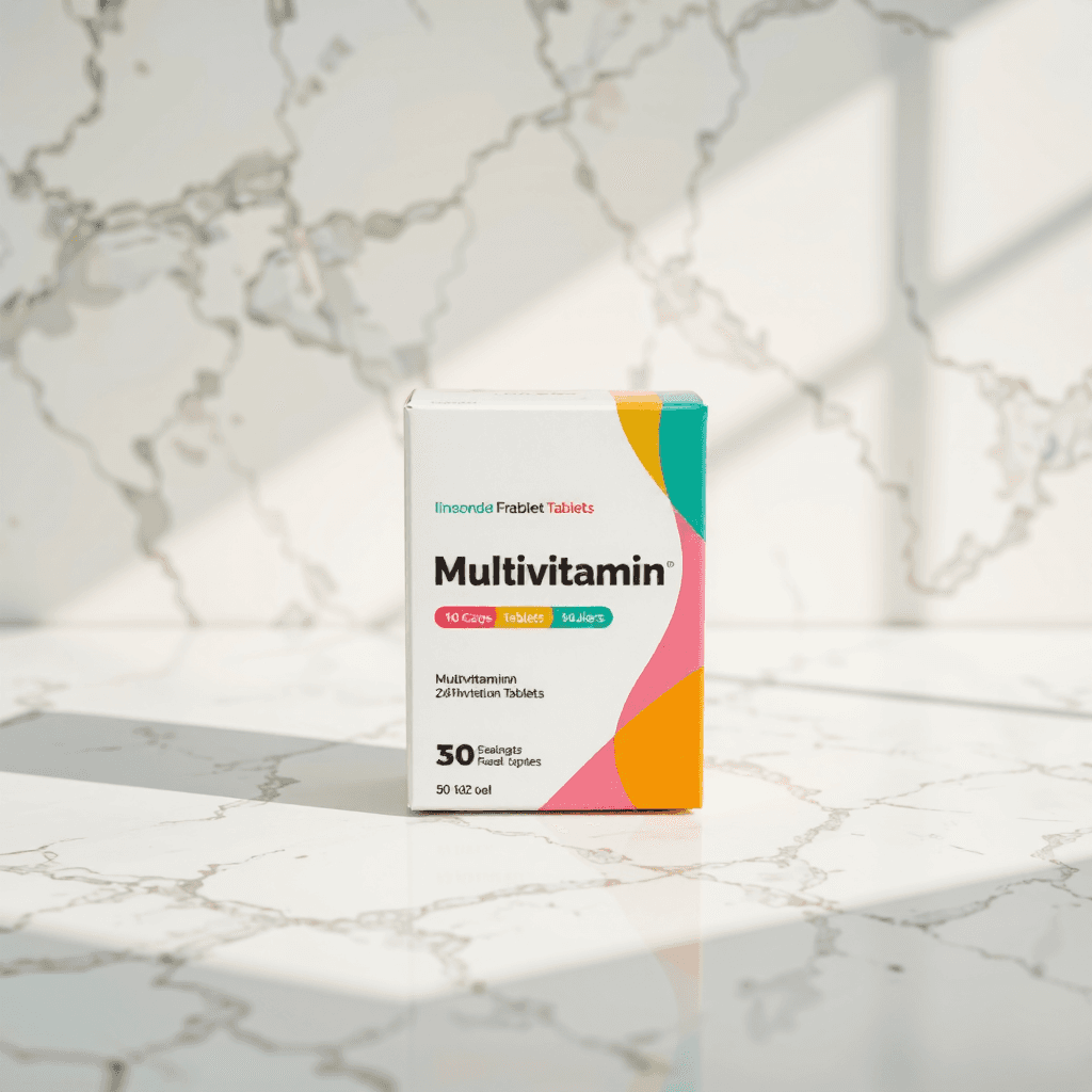 product photography of box of multivitamin tablets