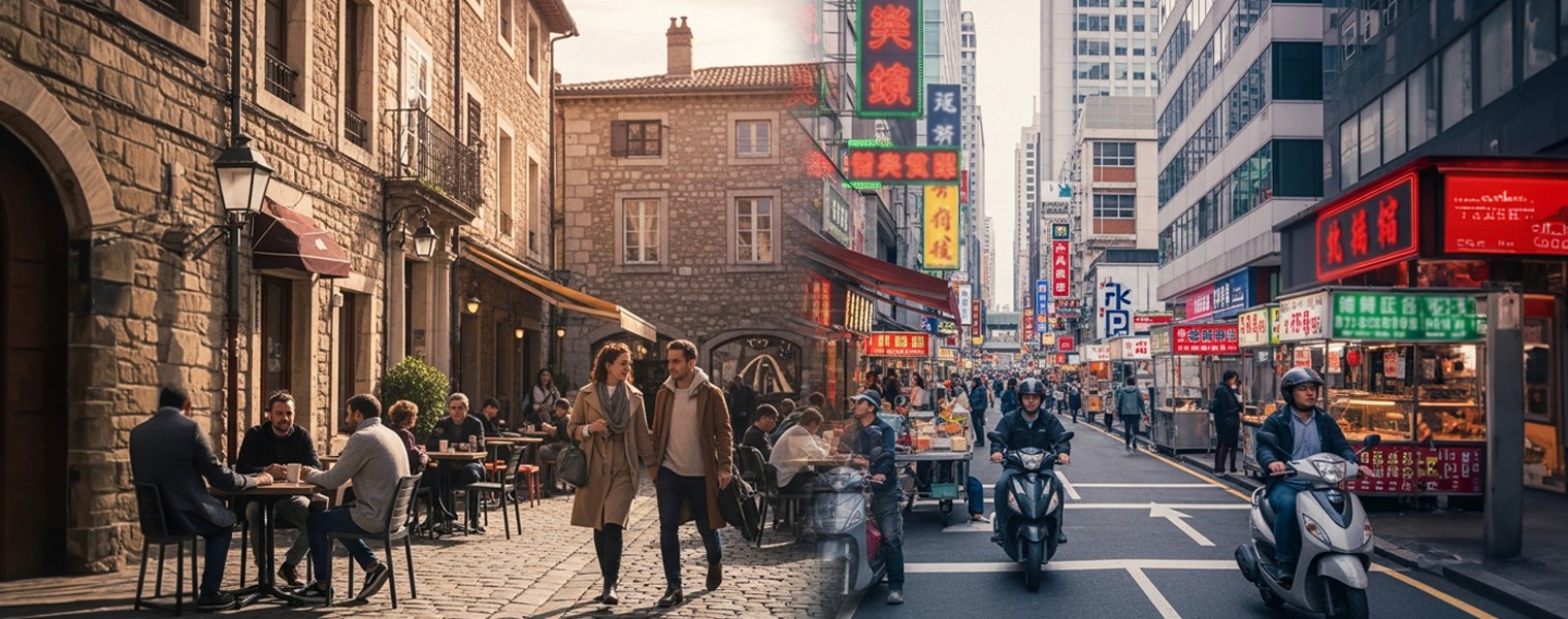 Peaceful centra square in an european town, and a busy street in asia