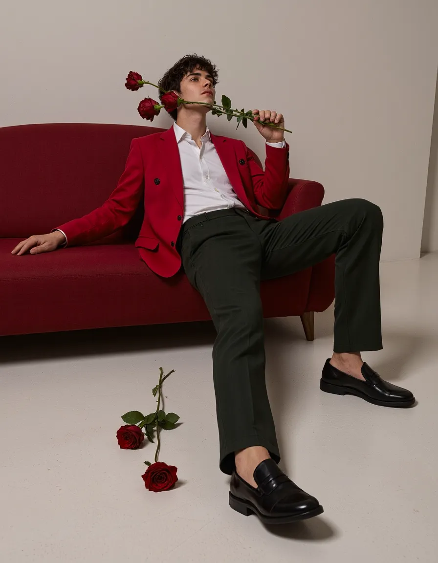 Man in red blazer & green trousers on crimson sofa holding roses in romantic fashion portrait