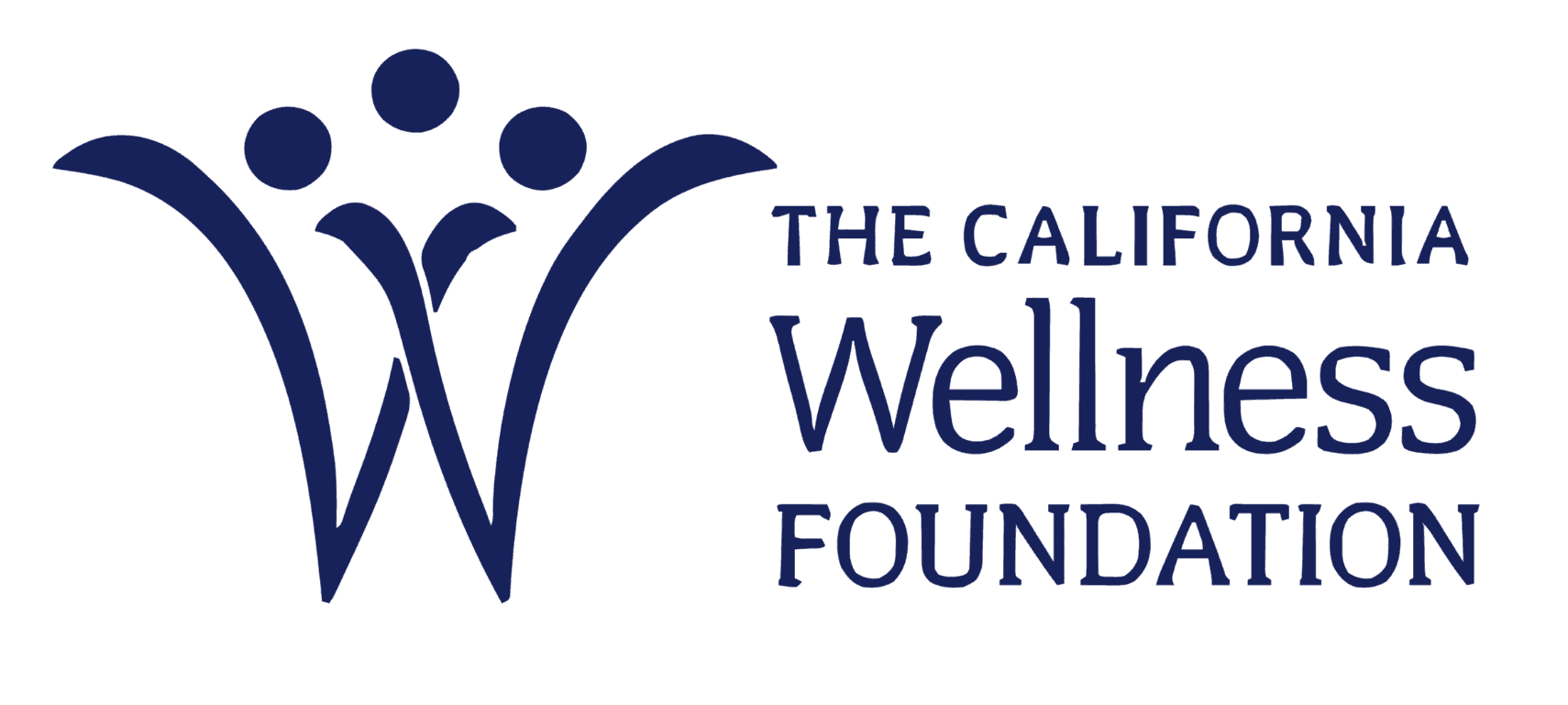 The logo of The California Wellness Foundation features a stylized "W" design with three dot figures to the left, representing community, next to the organization's name in blue text on a transparent background.