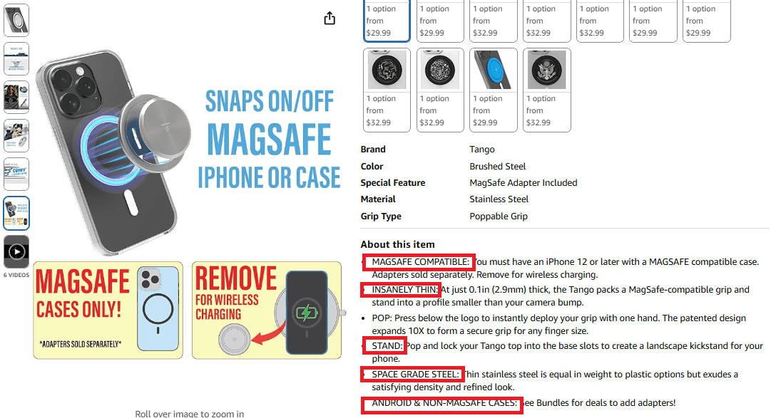 Amazon product listing