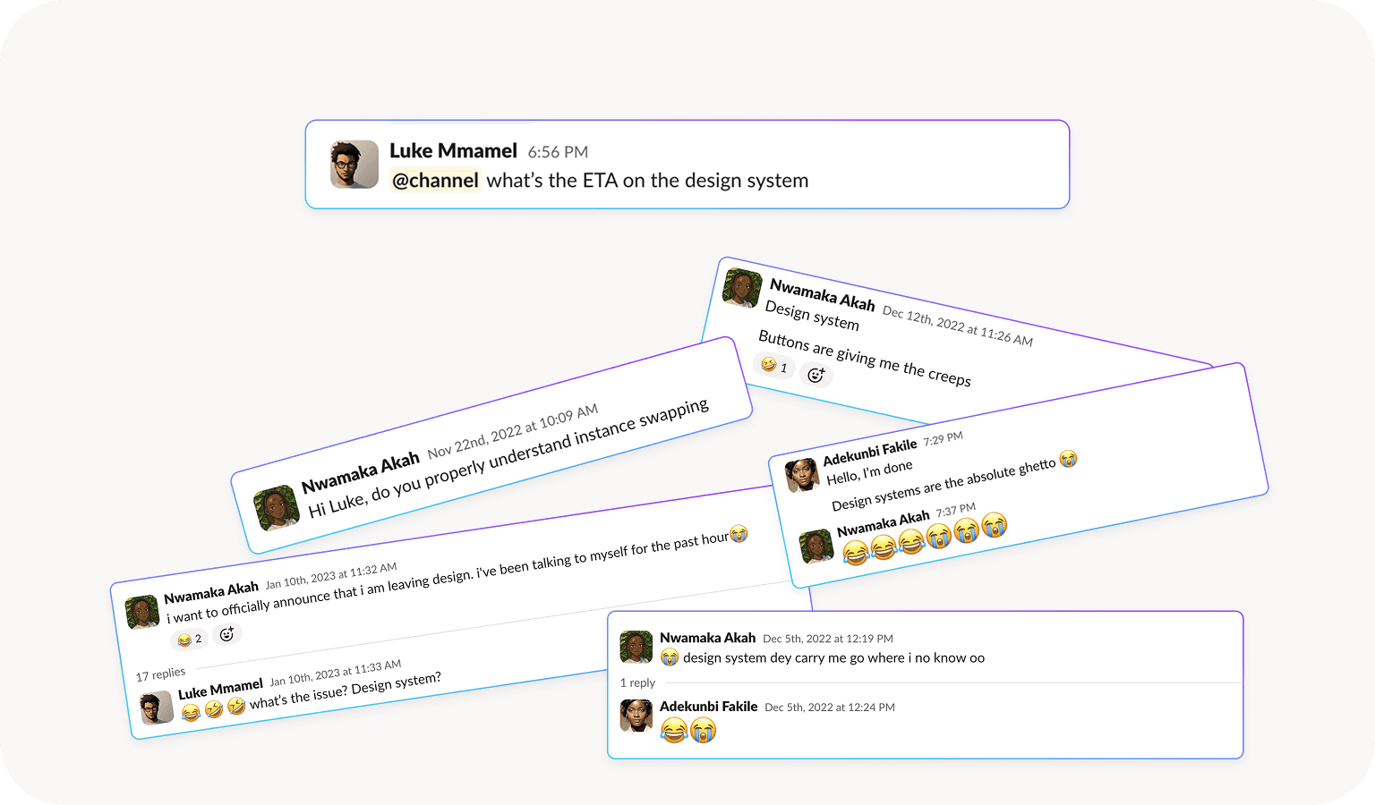 a screenshot of slack conversations about the design system