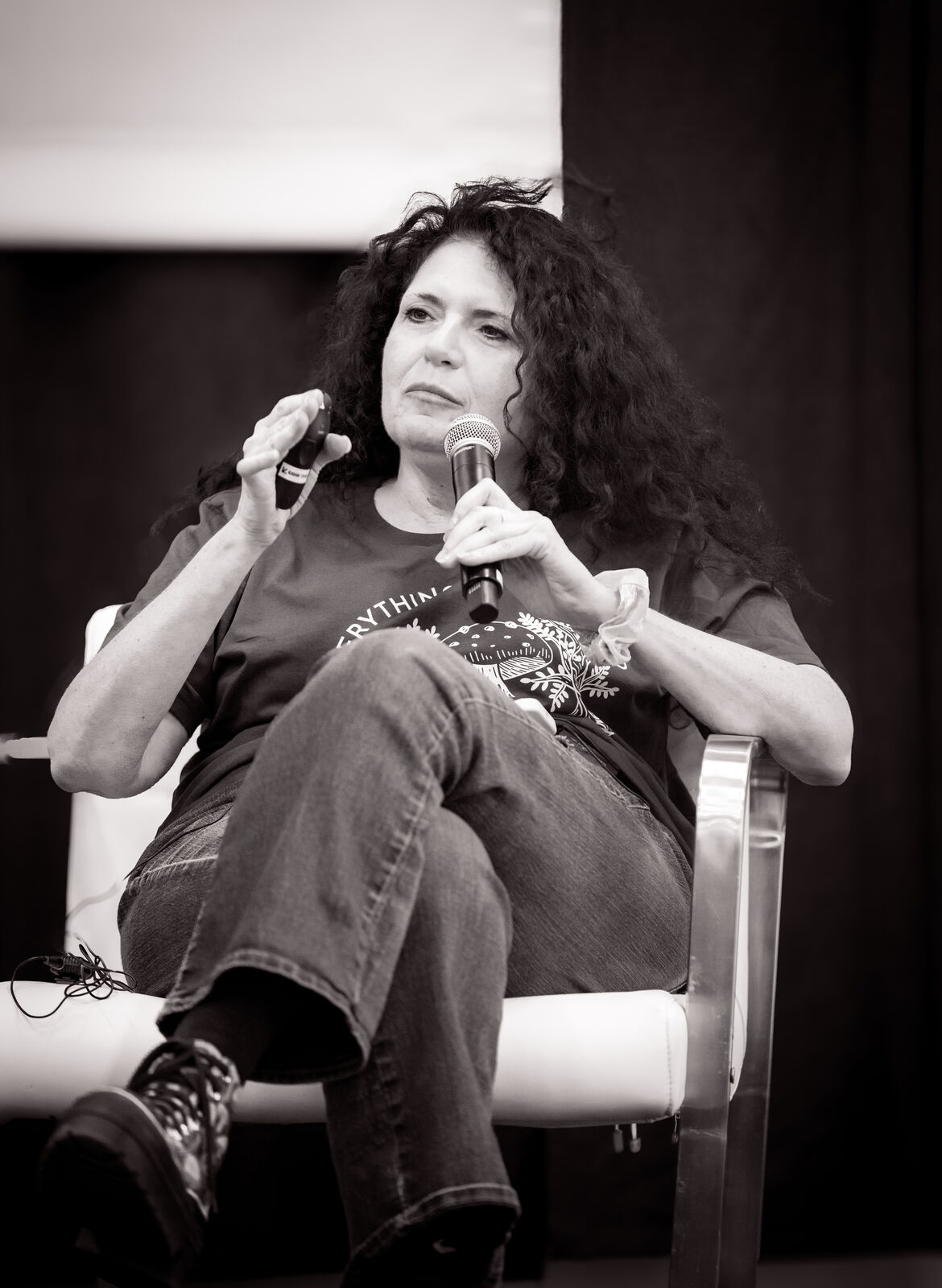 Dr. Hanna Wants To Try, Dr. Sue Sisley speaking on the SXSW 2025 panel, black and white