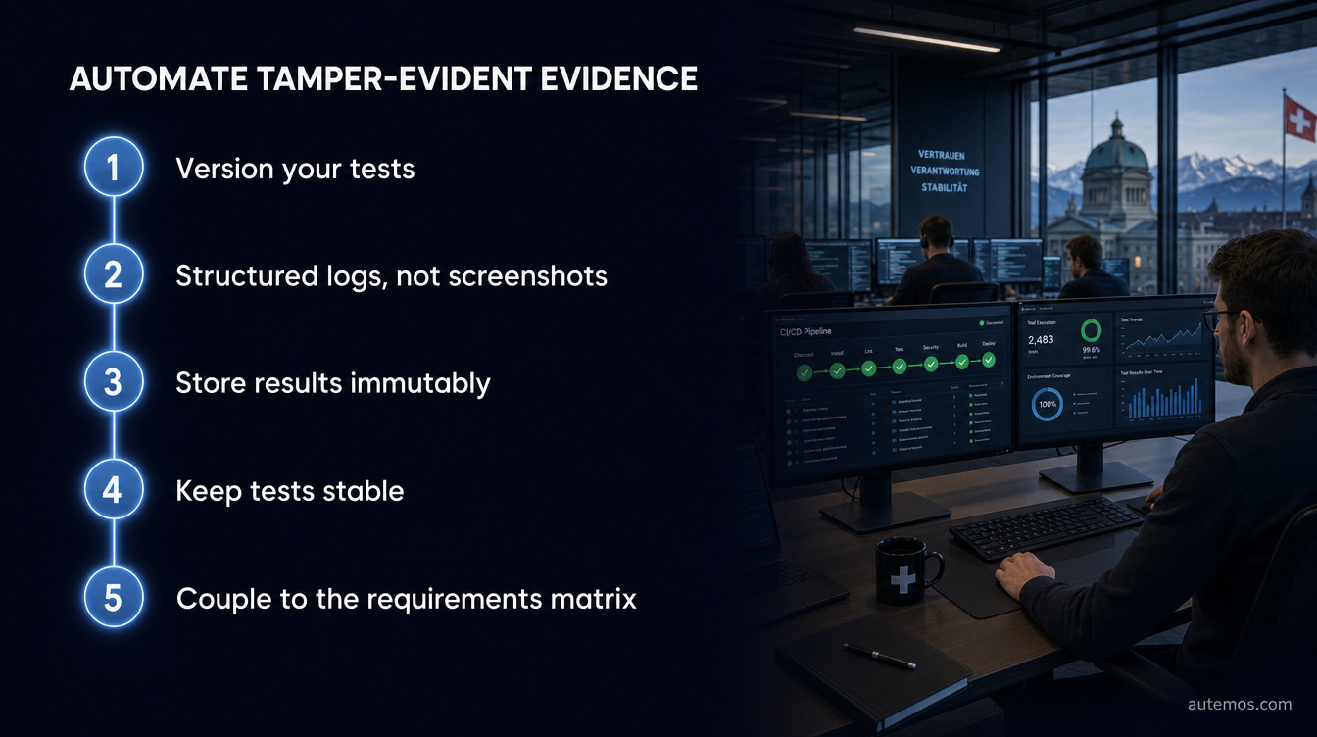 Concept overview: an audit trail in testing records Who, When, Which test case and Result – unalterable and reproducible.