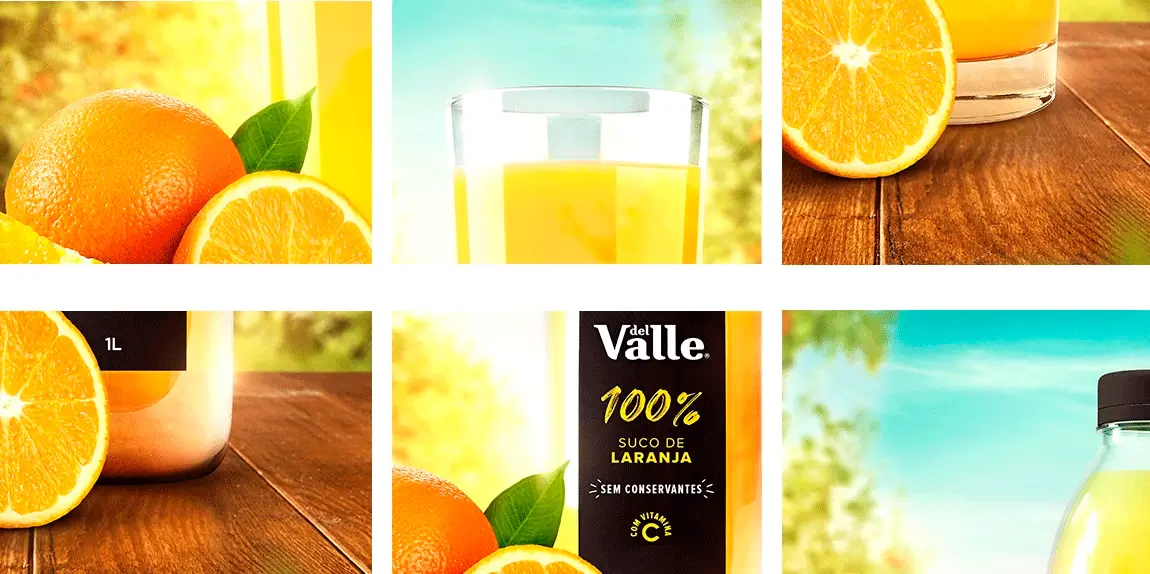 Grid showcase of technical details and close-ups from the Del Valle FreshJuice photo manipulation project.