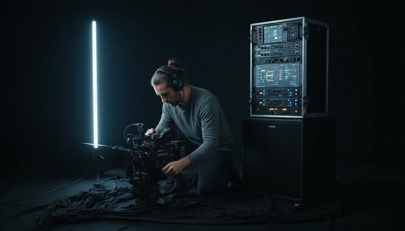 DSLR photography, medium shot of a camera operator on a dark film set. A man with long hair in a man-bun wears professional over-ear headphones and a grey long-sleeved shirt, leaning over to operate a large cinema camera rig with a matte box. To his right, a stack of silver audio server racks with glowing digital displays and abstract UI elements sits on a large black speaker cabinet. The scene has cinematic contrast lighting, with a tall vertical LED tube light in the background creating a strong backlight. The floor is covered with dark, rumpled fabric against a black studio backdrop, sharp focus on the man and equipment.