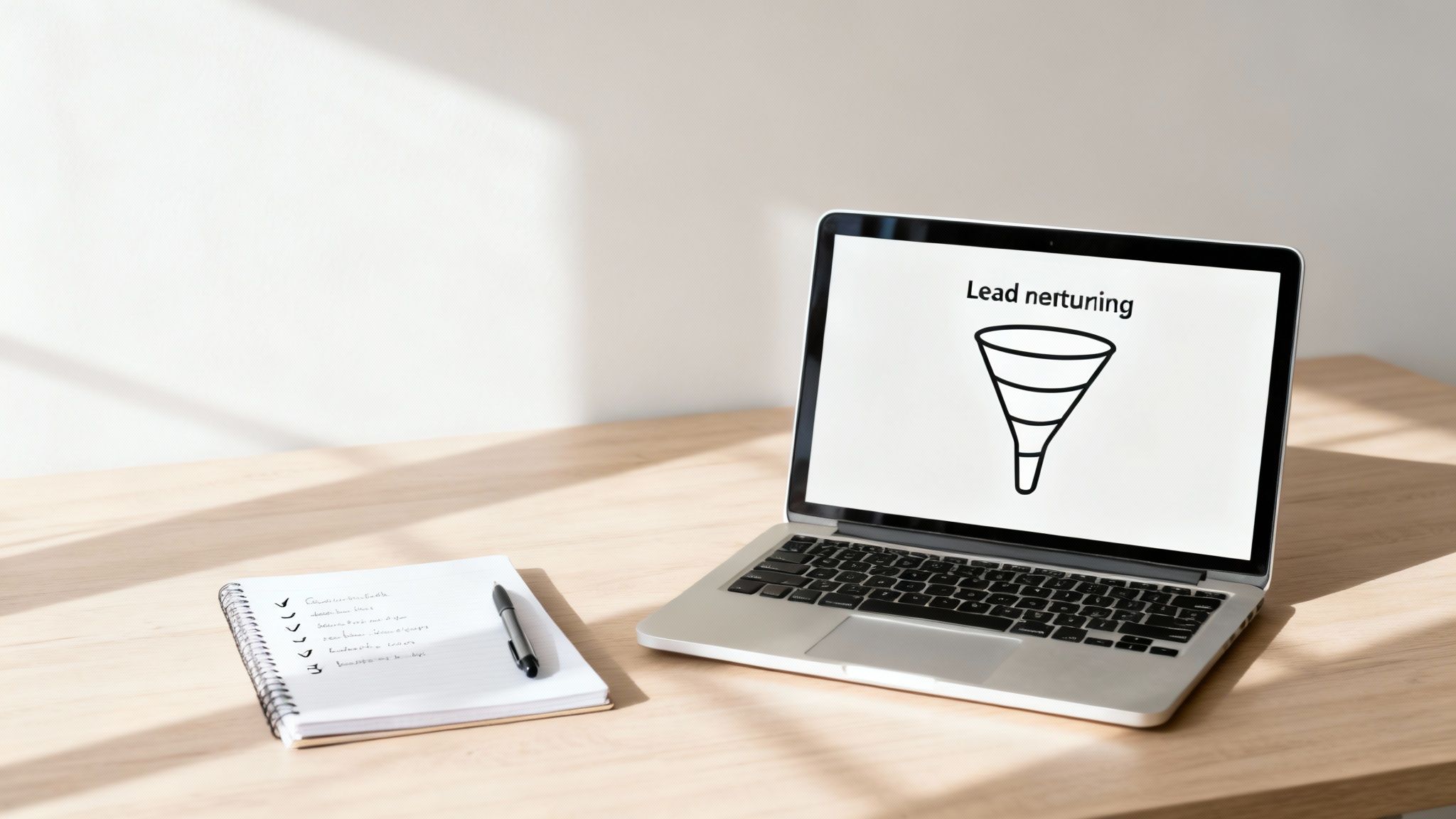 Laptop displaying 'Lead nurturing' funnel icon and a checklist notebook on a light wooden desk.