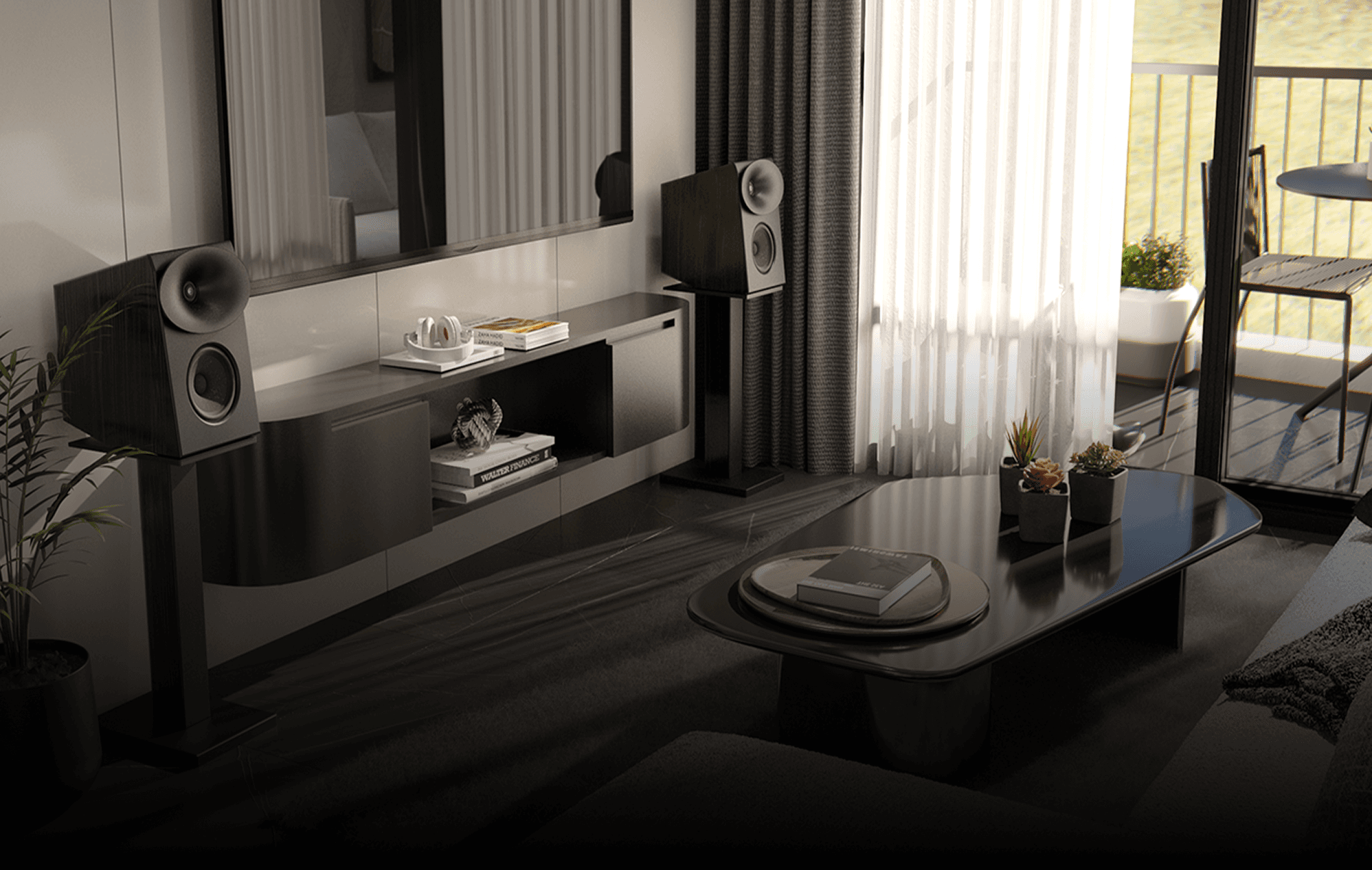 Modern living room with speakers and coffee table