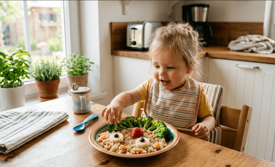 Toddler reaching for a colorful plate of food arranged in a smiley face