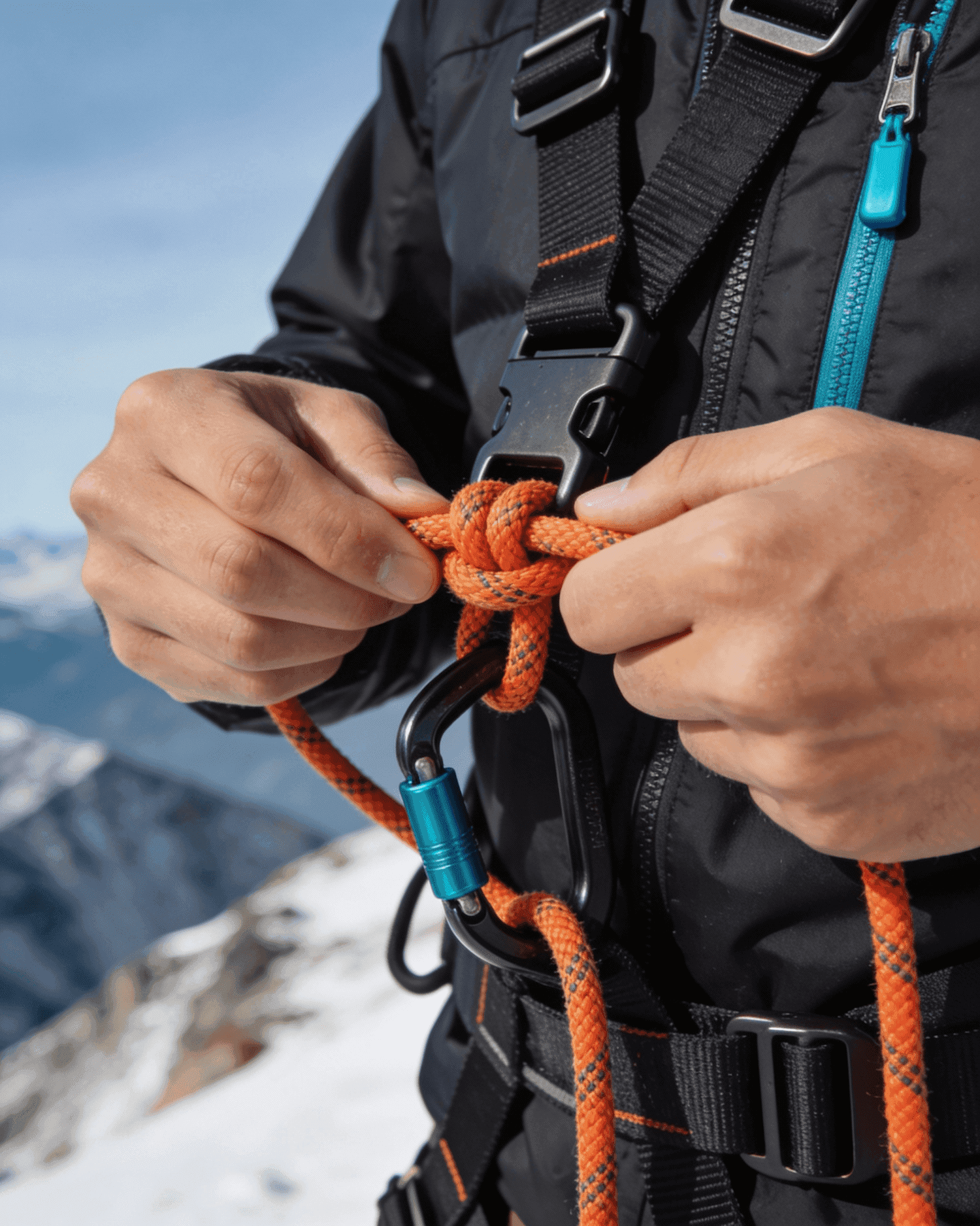 Close up of orange climbing rope tied into a knot with harness hardware