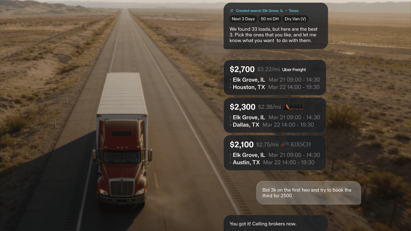 Two semi-trucks fueling at an unbranded truck stop diesel station with a green canopy, set against a clear blue sky in an open highway landscape.